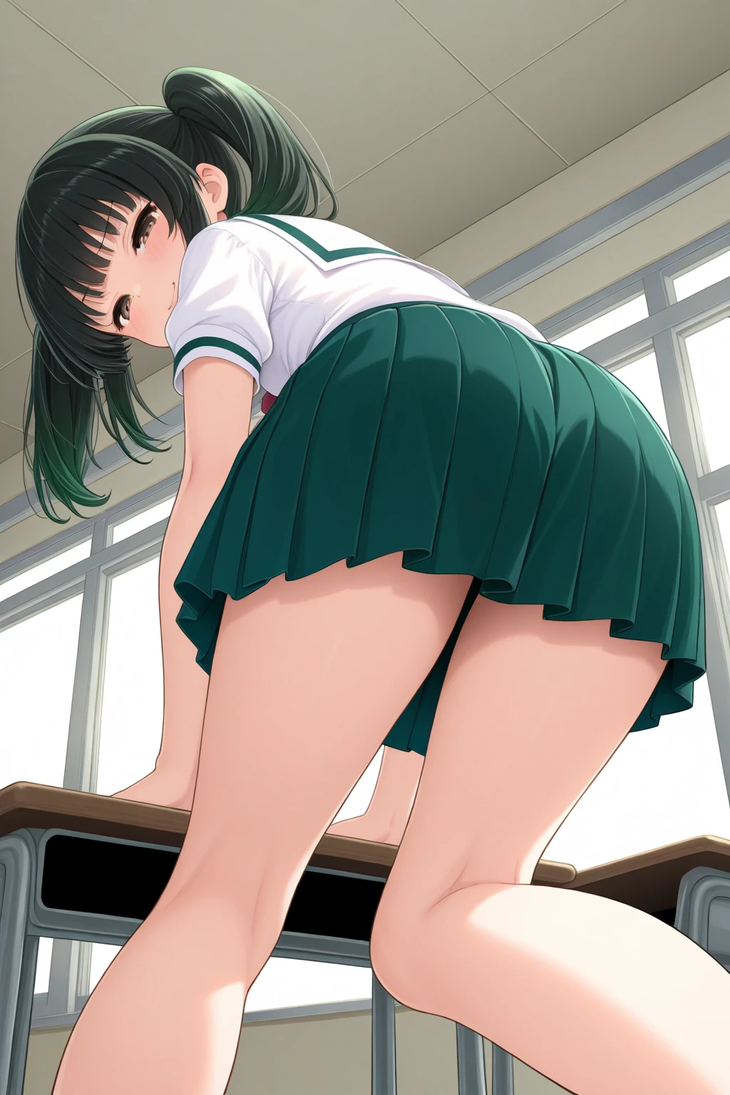 Misato Katsuragi, teen, , topless, medium breasts, green short skirt, socks negras, doggy style, showing pussy, under skirt, black shoes, SMILE, perfect body, perfect legs, perfect arms, pose sexy, Classroom, lying on the ground, face looking at viewer