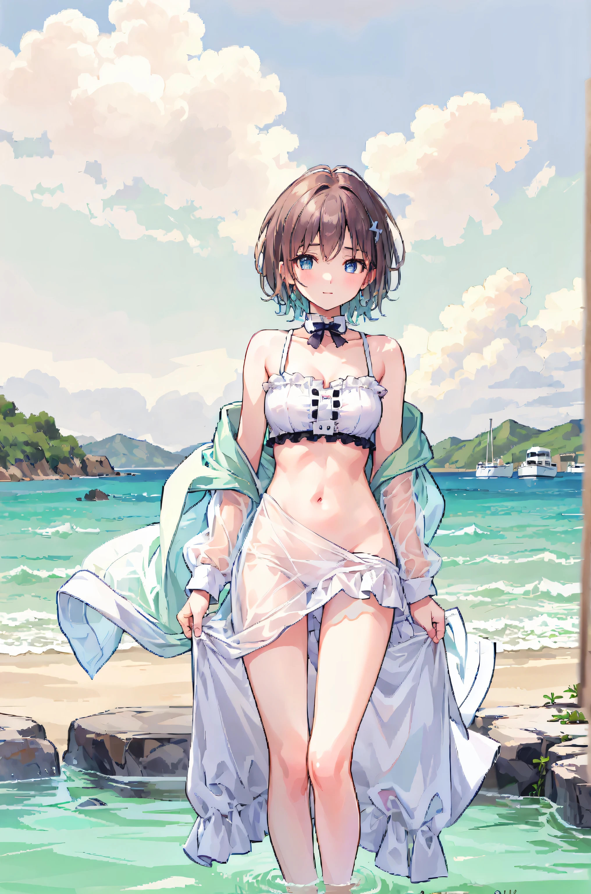 slender, mature female, 1girl, solo, jewelry, bracelet, brown_hair, bikini, dress, short_hair, swimsuit, arm_up, looking_at_viewer, bangs, lips, brown_eyes, bikini, bare_shoulders,bikini_top, swept_bangs, watermark, frills, black_eyes