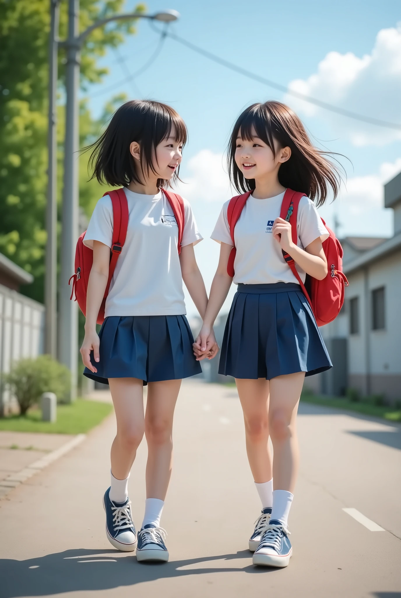 (photorealistic:1.3), ultra detailed, realistic skin texture, realistic lighting, 8k raw photo, highest quality, masterpiece, highest resolution, 2girls, cutest girls in japan, elementary school students, long hair, strong wind blows hair, school route, 10 years old, backpack for school, wearing t-shirt, ultra mini skirt, shirt hides skirt, socks, sneakers, realistic, full body, loli, looking each other, holding hands, laughing, open mouth wide, walking