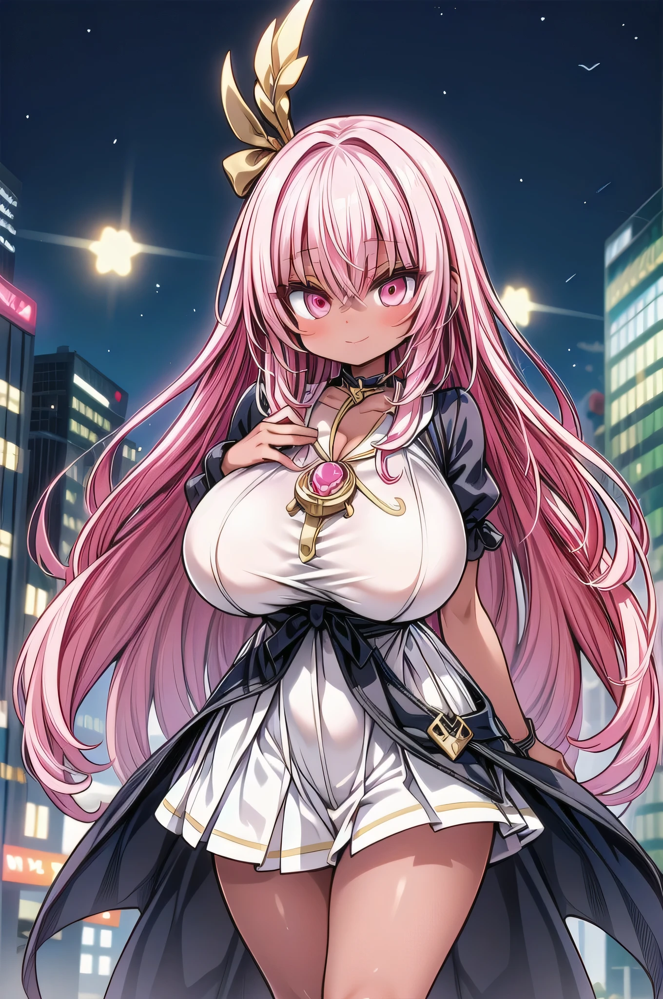 ((Highest Quality)), ((masterpiece)), (huge sagging breasts:1.38),thick legs,Patterned clothing.Magical Girl,pink hair.(dark skin:1.25). magic wand. cowboy shot. in the city,