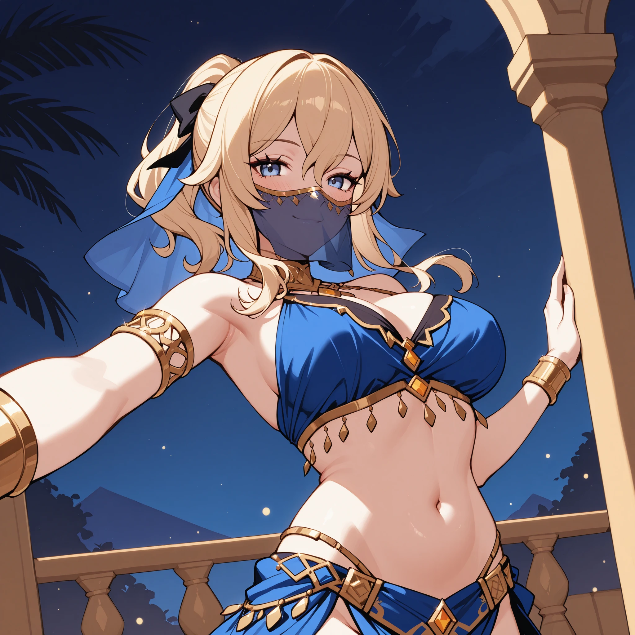 (1girl:1 . 5) , (Seul:1 . 5) , score_9 , score_8_haut , score_7_haut , source_anime , Official work , ultra-detailed , masterpiece , best quality selfie snapshot , high res , beaux yeux , detailed eyes , detailed face , beautiful detailed eyes ,Genshin Impact,Jean,Arabian Clothes , Arabian Dancer ,belly dancer costume ,mouth veil, golden jewelery,armlet, belly dancing,night,arabian garden smile, dancing with veil, dynamic movement,dancer pose, pose,sexy pose