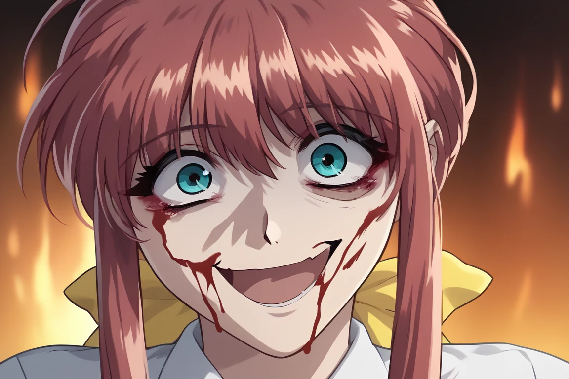 masterpiece, best quality,1girl,solo,blood on face,blood on clothes,yandere,crazy smile,close up <lora:supercrooksstyle:0.8>