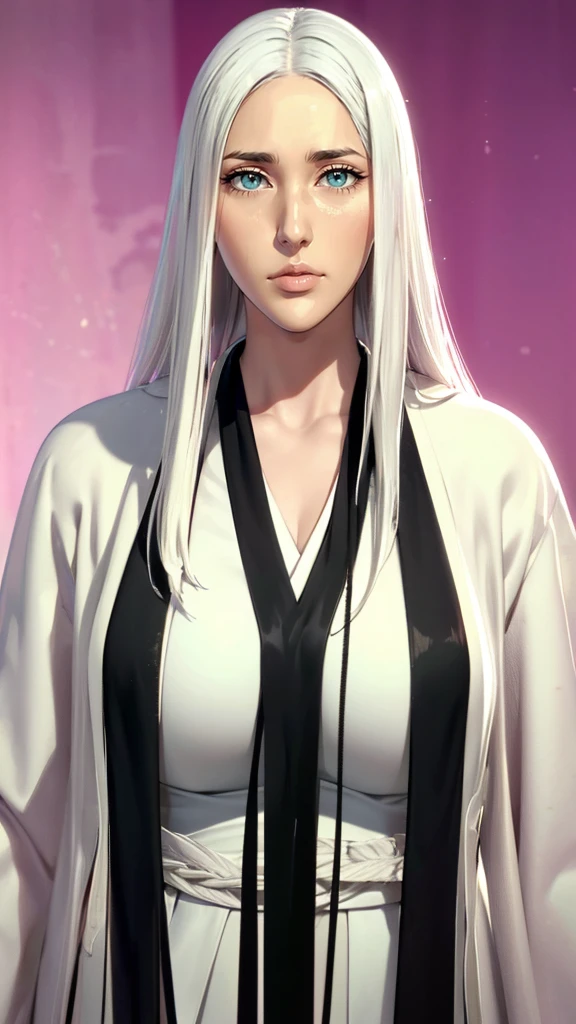 (masterpiece, top quality, 1 female, solo, exquisite details, chromatic aberration), (realistic), (skin), ((breath)), (silver hair, blunt bangs, long straight hair), exquisite hair, red headdress, blue highlights, hair over one eye, purple eyes, earrings, piercing eyes, ((pink and white kimono)), ((symmetrical eyes)), ((perfectly symmetrical body)), (pureerosface_v1:0.3), night, (((natural light))), backlit, grey wall, dim lighting, facing towards viewer, ((central shot, from the front, (face and waist))), mysterious atmosphere