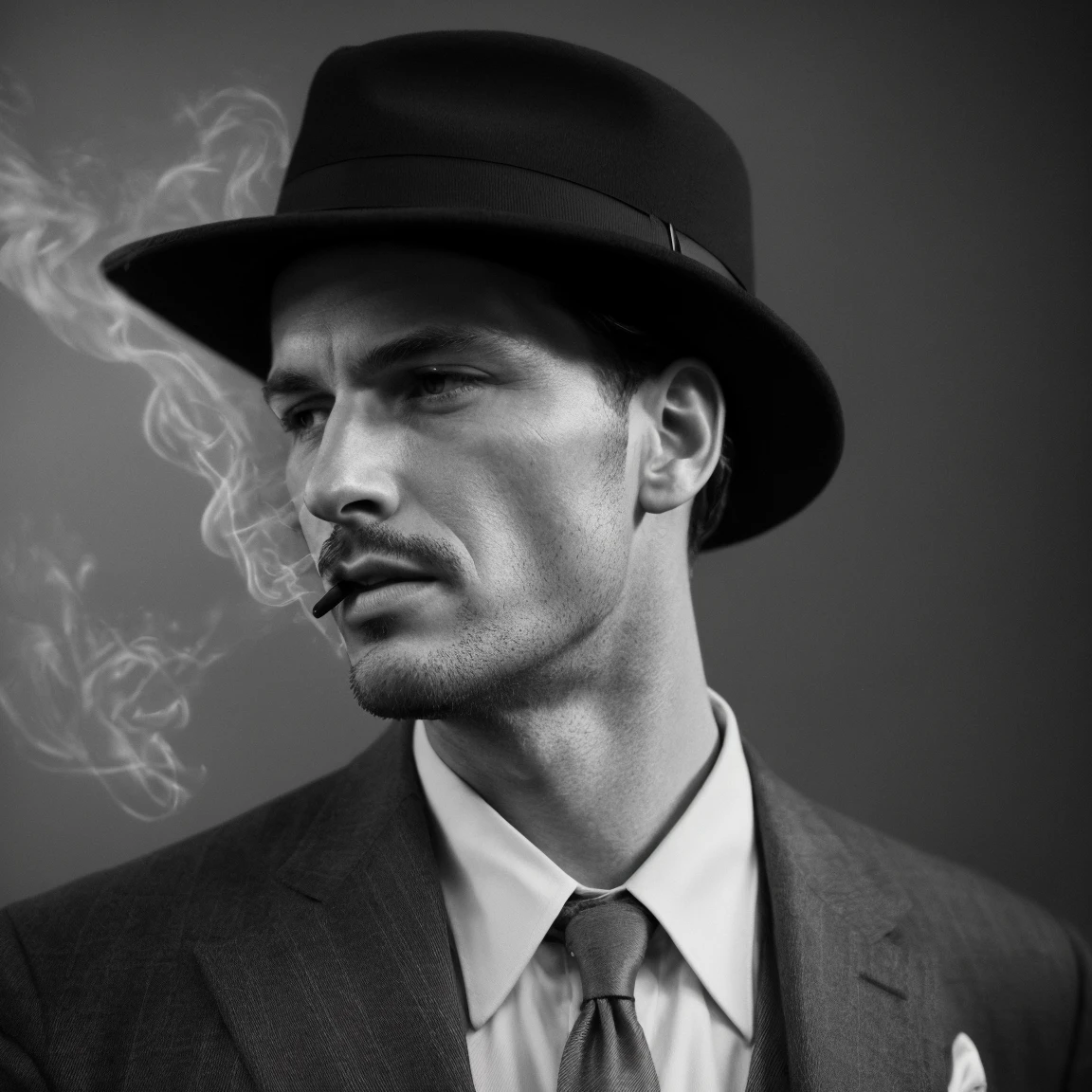 filmnoir1944, 1man, photorealistic, best quality, masterpiece, depth of field, uhd, 8k, detailed eyes, cinematic lighting, 1940s style, detective, fedora, smoking, detective office, god rays,