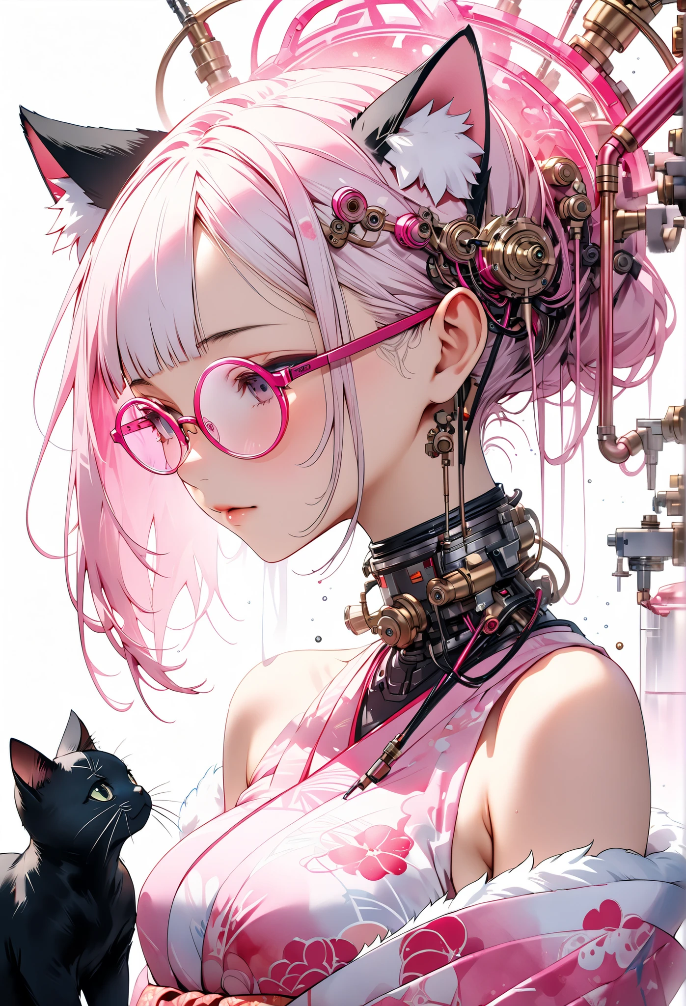 ether machine girl、Fluffy white fur grows from behind the ears Ears {x} pink similar to blood vessels connected to the neck and back Tube {x} Intricate illustration in an imaginative cyberpunk art style, Translucent white short hair (black cat ears) Stylish Watercolor Pink Pattern, She is wearing a beautiful kimono, (round pink glasses:1.2), transparent pink culture solution.pink and white mechanical body,, on white background , connecting the tube to an external machine、, Girl looking down,bust, Brush Blur Effect,( high quality, and high precision, 4K, 8k:1.5), ultra detailed.Physical Base Rendering,Ultra-fine coating,cinematic lighting on Boro's bed, Vivid, vivid color, professional shooting resolution,Award-winning、sexy、Erotic、open shoulders、thighs、Nipples、オープンbust