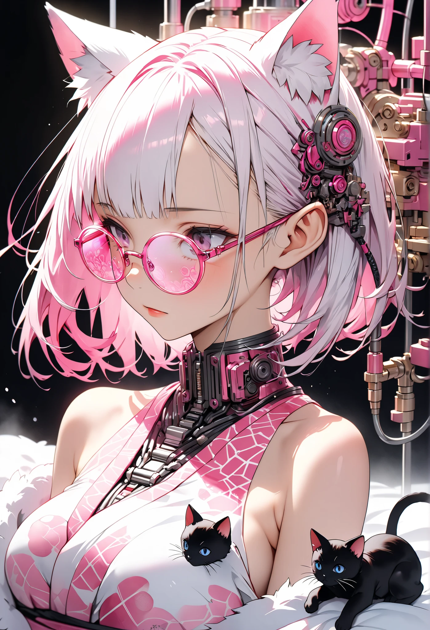 ether machine girl、Fluffy white fur grows from behind the ears Ears {x} pink similar to blood vessels connected to the neck and back Tube {x} Intricate illustration in an imaginative cyberpunk art style, Translucent white short hair (black cat ears) Stylish Watercolor Pink Pattern, She is wearing a beautiful kimono, (round pink glasses:1.2), transparent pink culture solution.pink and white mechanical body,, on white background , connecting the tube to an external machine、, Girl looking down,bust, Brush Blur Effect,( high quality, and high precision, 4K, 8k:1.5), ultra detailed.Physical Base Rendering,Ultra-fine coating,cinematic lighting, Vivid, vivid color, professional shooting resolution,Award-winning、sexy、Erotic、open shoulders、thighs、Nipples、オープンbust
