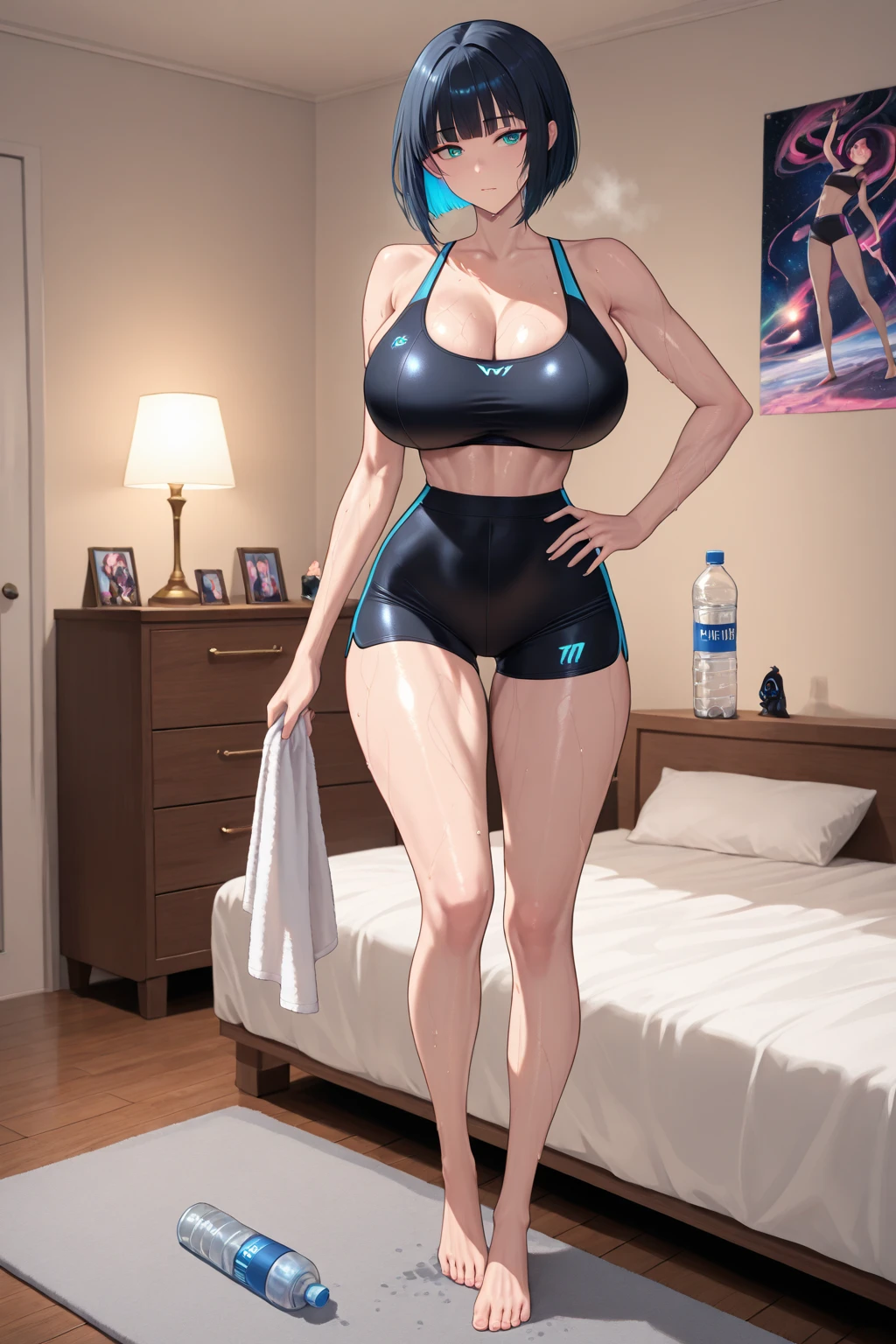 best quality,masterpiece,shiny blonde,blue eyes,white clothes, look down on, whole body,hair strand,Fair skin,short bob,bikini swimsuit,wet through,undressing clothes,french braid,blushing and red,swimsuit is traslusent,blunt bangs,hairline is black,headband,simple necklace,hoop earrings,small breasts,indoor,locker room,chaise longue,gladient hair,sandals,leaning forward,slenderわbody,spread your legs,smile gently,camel toe