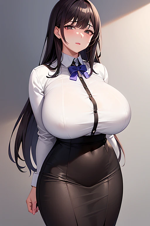 White shirt, long untied hair, pinched eyes, big tits, thick thighs, white panties, black pantyhose, dark purple hip skirt, leather collar