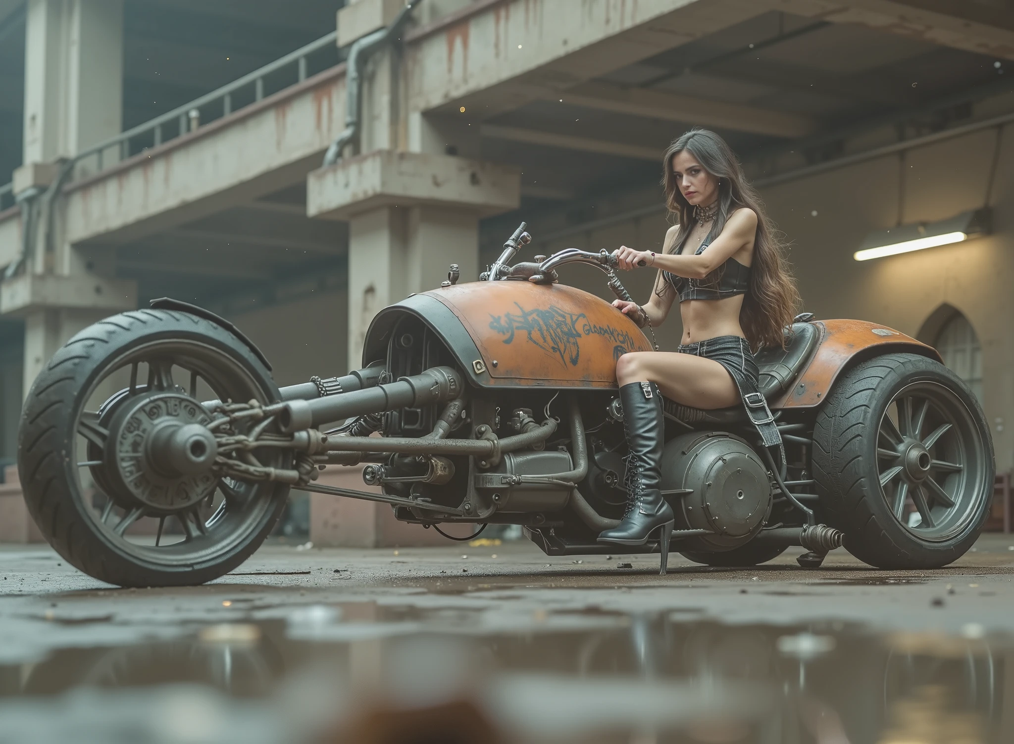 The image shows a fireworks stage with a woman seated, tilted and taking the handlebars to adapt to speed on a uniquely designed motorcycle that embodies a steampunk or post-apocalyptic aesthetic. The motorcycle is sturdy, with a mix of exposed mechanical components, are evident such as large barrels and intricate pipes,  with a worn , rusty color palette and graffiti that hint at their robust durability. The woman, dressed in a striking sensual and gothic outfit in black leather with straps and chains as well as punk jewelry and high boots,  exudes confidence . His outfit suggests a rebellious and daring style, to complement the intense environment. The background in the distance reveals a scene with fireworks in a festive atmosphere,  which contrasts with the elegance of the motorcycle. The ground is wet, possibly due to the recent rain, that reflects light weight and that contributes to changing environment of the scene. Elements of dirt and decay are evident, but the composition retains a sense of dynamic action and adventure.