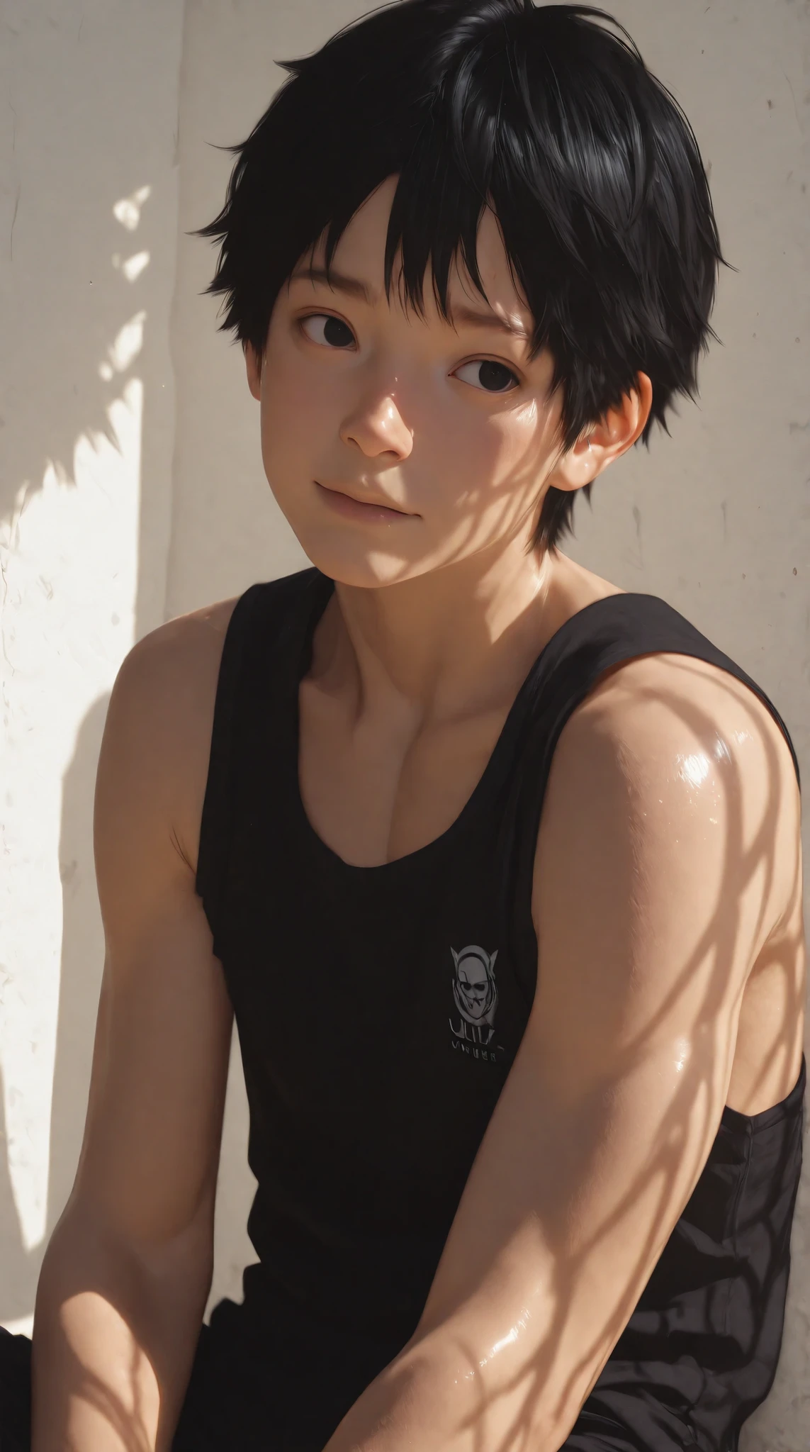 a children boy 12 years old((Japanese face)),View looking to the left,wearing black singlet,muscle,black eyes,short black hair, watered,best quality, 4k,perfect lighting, handsome face,perfect face,perfect face, realistic face,8k,ultra realistic,texture details,unreal engine,3D realistic, Realistic Engine,perfect face, realistic face,Ultra Engine,Ultra face,human face,skin texture realistic,Ultra Realistic,Ultra HD,human realistic,texture realistic, background realistic, uncensored,texture details,skin texture style, detailed skin pore, detailed skin, realistic skin,unreal engine,from side((left)),Facing left,flat expression,sitting, in the performing Arts,((background there are some young boy)).