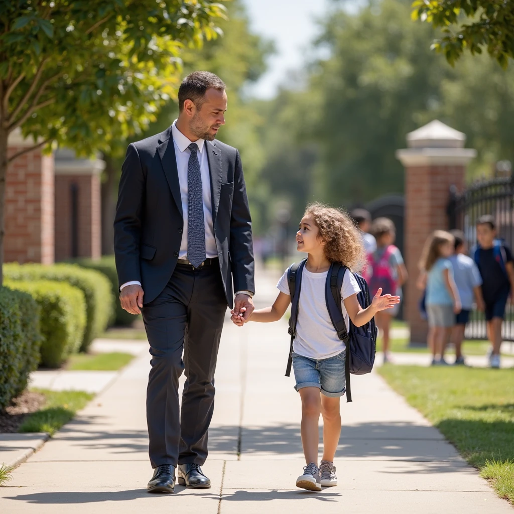create an image of a tall strong forty year old man taking his six year old son to school football 