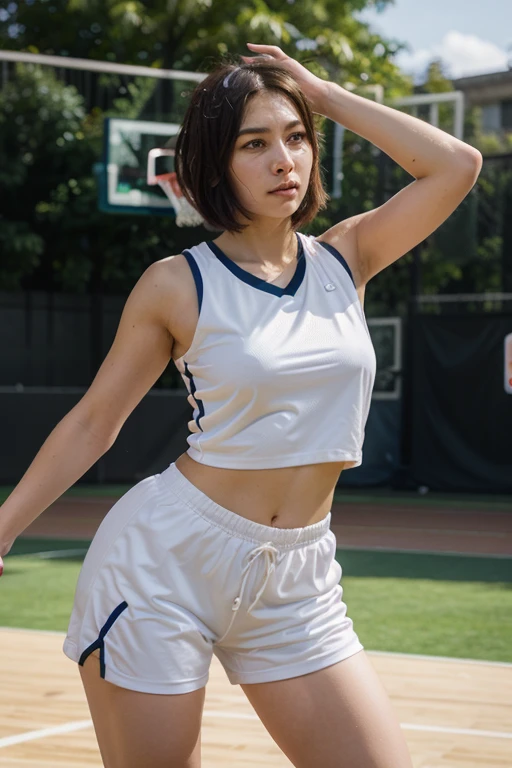 ((Best Quality, 8K, Masterpiece:)), Focus, realistic, A stunning high-resolution, vibrant photograph of 15 old young indonesian girl wear tanktop and mini shorts pants,surrounded by men, multiple men ,sexy aura, erotic mood, playing basketball, basketball,at outdoor basketball fields,realistic photo, full body shot,The background is slightly blurred to keep the focus on her, creating a beautiful bokeh effect. soft sunlight filtering through