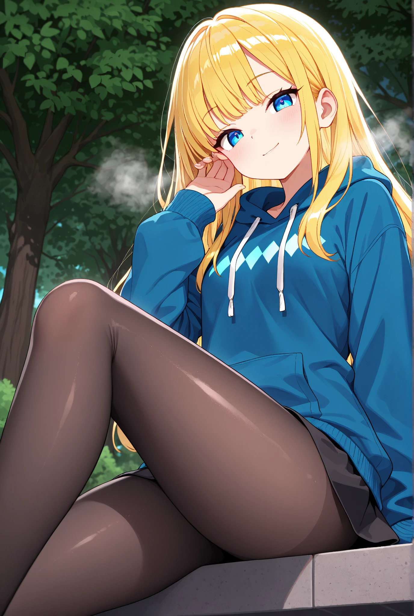 (1) A woman is sitting cross-legged on a bench. The color of the pants you can see is light blue..
(2) She&#39;s a gal, Baby-faced but with heavy makeup. she has long blonde hair.
(3) The woman is wearing a brightly colored hoodie, Mini skirt and platform long boots.
(4) The woman&#39;s expression is a smile.
(5) The location is a park bench at night surrounded by a forest..