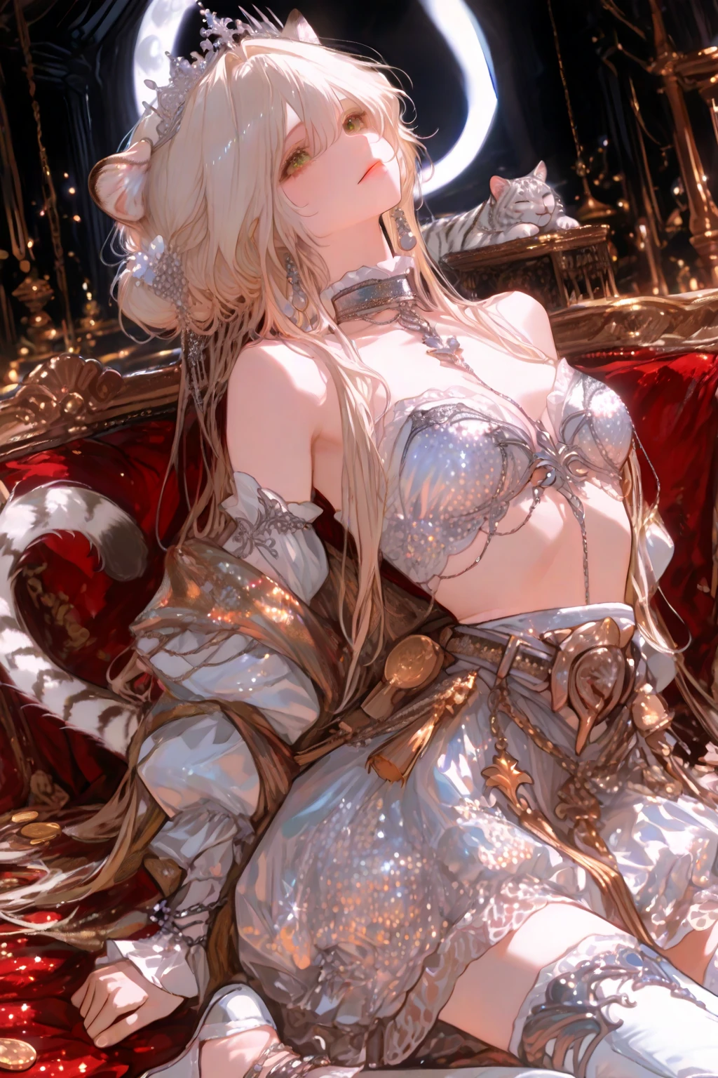 (((Horse Girl))), (((Fine Motion))), Thighs, sitting on a luxurious red sofa, (((Panties are slightly visible))), smile, Dress like a young lady, (((Sexy panties with green embroidery))), High resolution,