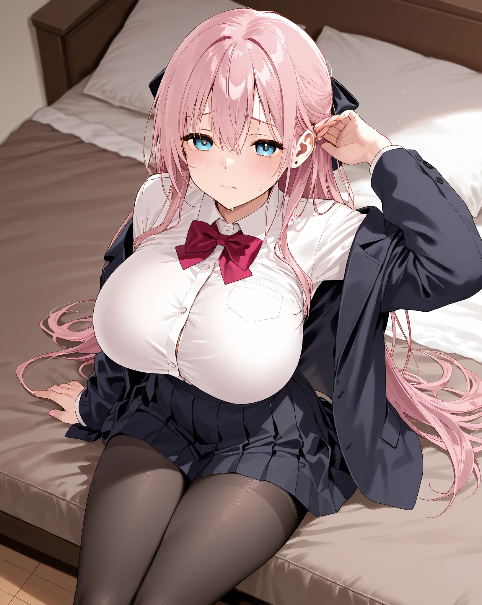 ((Highest quality)), ((masterpiece)),Prevention of drawing errors　First Person View　　nsfw　Junior High School Girls　Long twin tails　Black ribbon　Dark pink hair　White shirt　Black Skirt　Big Breasts（G Cup）　Man on bed　Unbutton　Show off your breasts　Having your breasts touched　Insert　Insert penis into pussy　White Breath　　Sexually excited facial expression　Faceless male pounding violently　Sweat