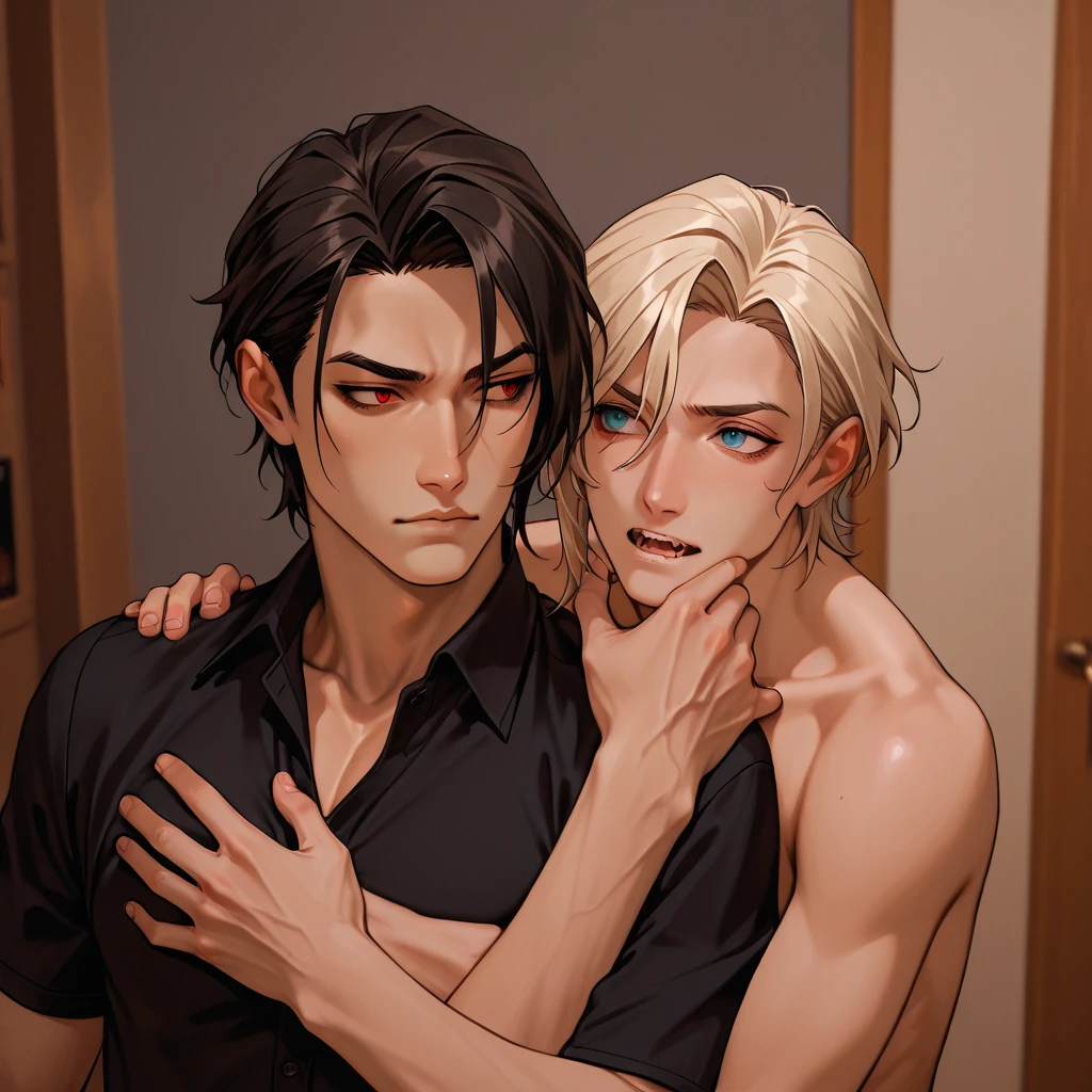 Two beautiful men who look exactly the same touches each other in a closed room,masterpiece,highest quality,High contrast, 19 broken, The upper body is , closeup , (High-quality watercolor drawing:1.5), Taiwanese, Correct , Elongated eyes, Interactive expressions, short detailed hair, The two are highly interactive, slender bodies, , shorts, White sox, shoeless,