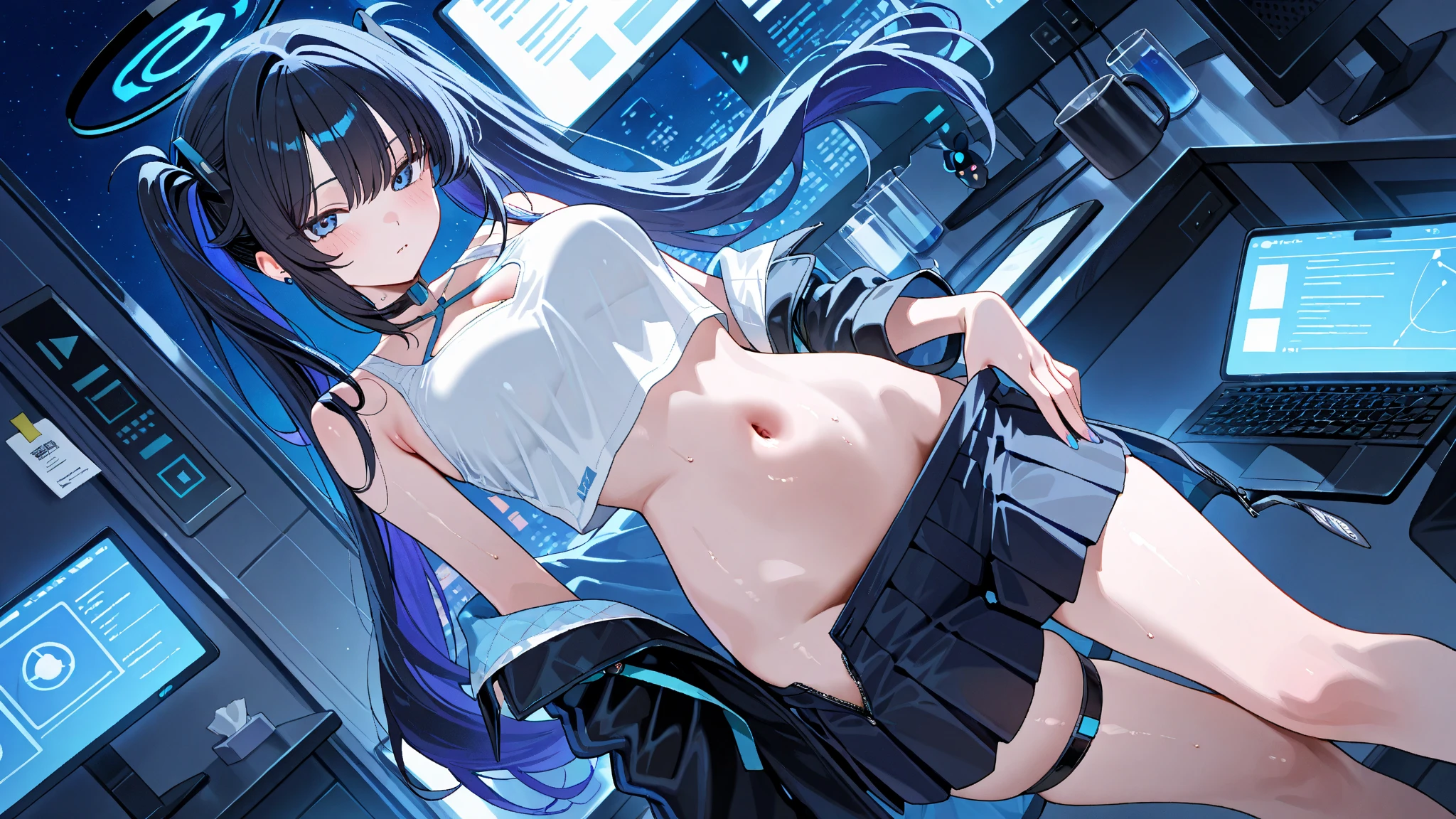 (masterpiece:1.37), best quality, (extremely detailed:1.37), woman, (very long hair:1.5), dark purple hair, purple eyes, (extremely detailed eyes:1.37), hoodie, navel, jeans, open fly, desperation, (wetting: self 3.0), standing, city, futuristic, neon lighting, high-tech