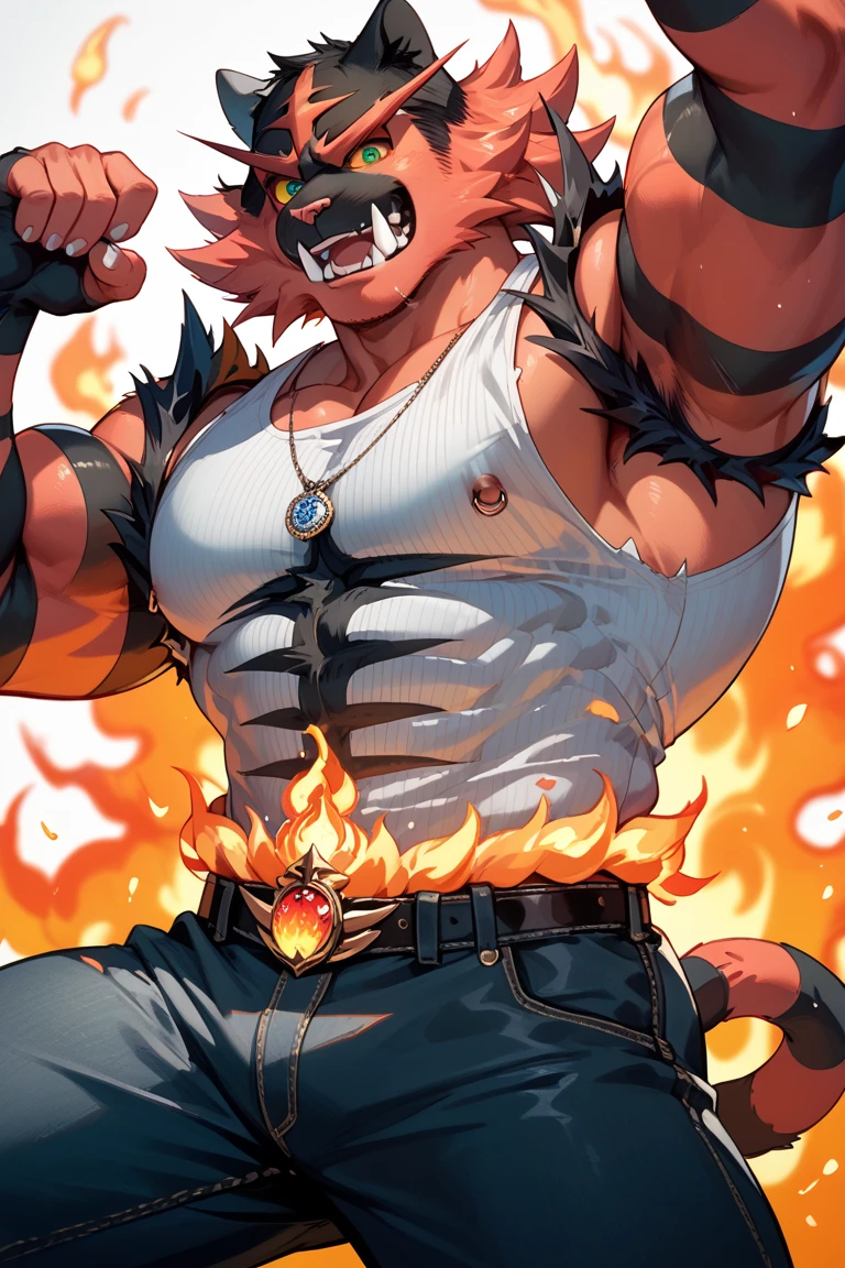 "(Wolfhound Race，Orange fur，hair black，amarelo，a scar，Shirtless，Abdominal muscle exposure，Black leggings，Brown eyes，Fighting posture，dynamicposes，speed-line，three-quarter portrait，cow boy shot，Firm eyes，Battle background，Magic User，with light glowing，smog，blasts，火焰，Wide-angle dynamic angle，fully body photo)"