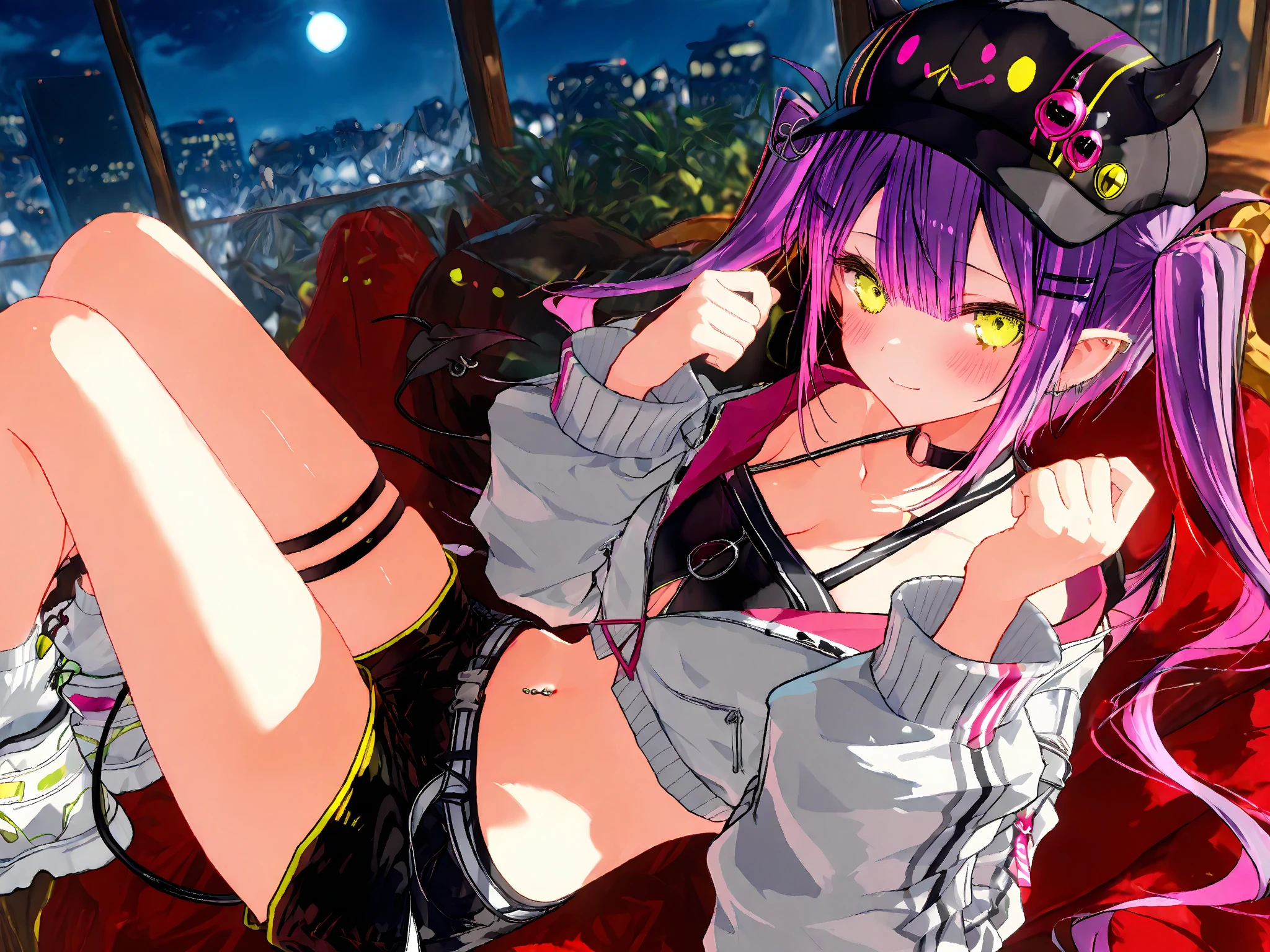 tokoyami towa, towaA, virtual youtuber, long hair, green eyes, purple hair, navel piercing, twintails, black hat, multicolored hair, demon tail, streaked hair, black choker,傑作, 最高品質, 最新, 不条理, 高解像度, 1girl, モノクローム, スポットカラー, 紫と黒のテーマ, 暗い, , 黒く濃い液体, , アンダーライト, 強い視覚的インパクト, , ラインアート技法とウェットオンウェットペインティングを使った優美なスケッチ, , , detail, 時間パラドックス, , 黒い背景, 写真 \(中\), 簡単な背景,