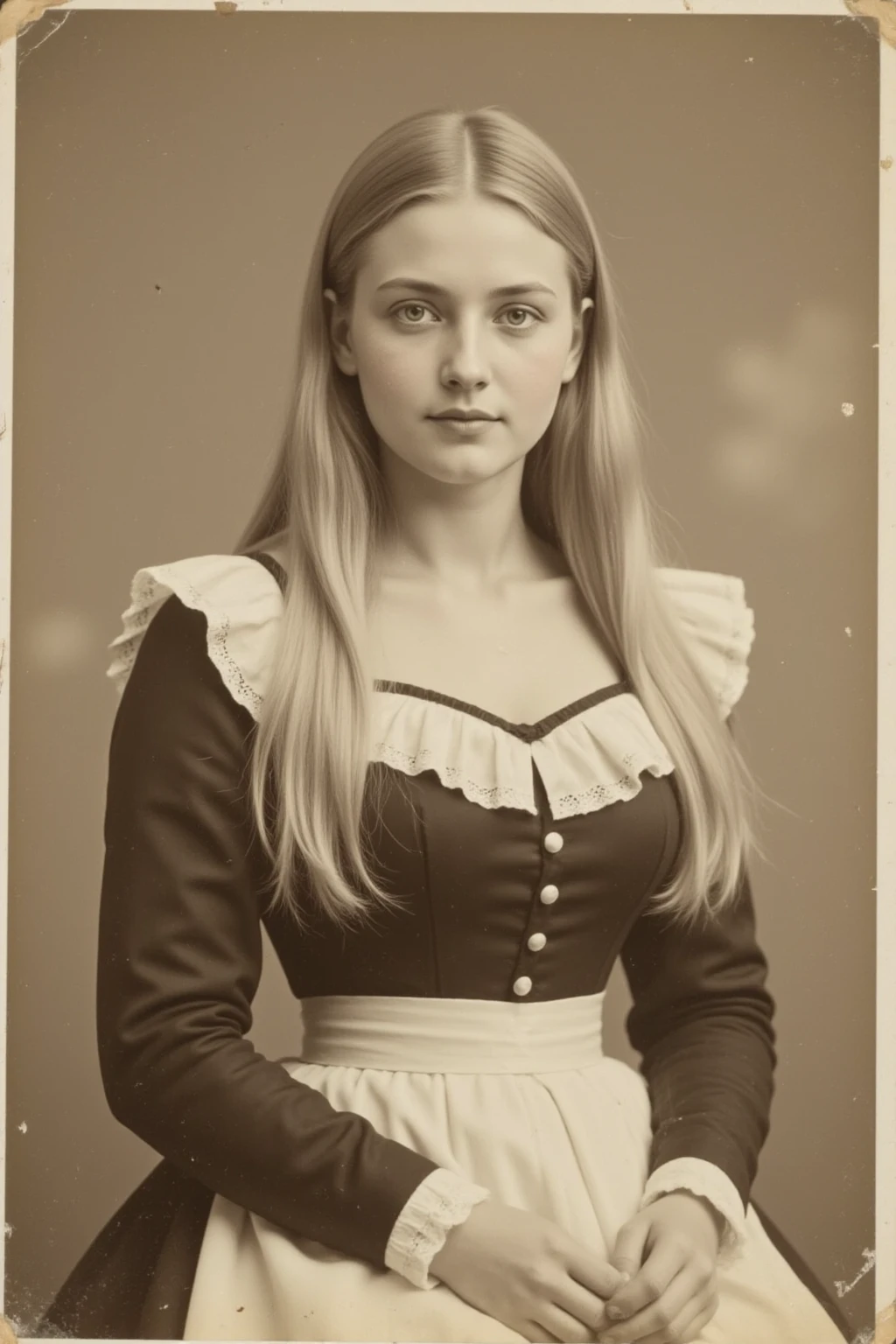 very beautiful girl, Russian, 18 years, in college uniform, from the Institute of Noble Maidens, Hair braided in a pigtail, Have bangs, 19th century, "color photography"