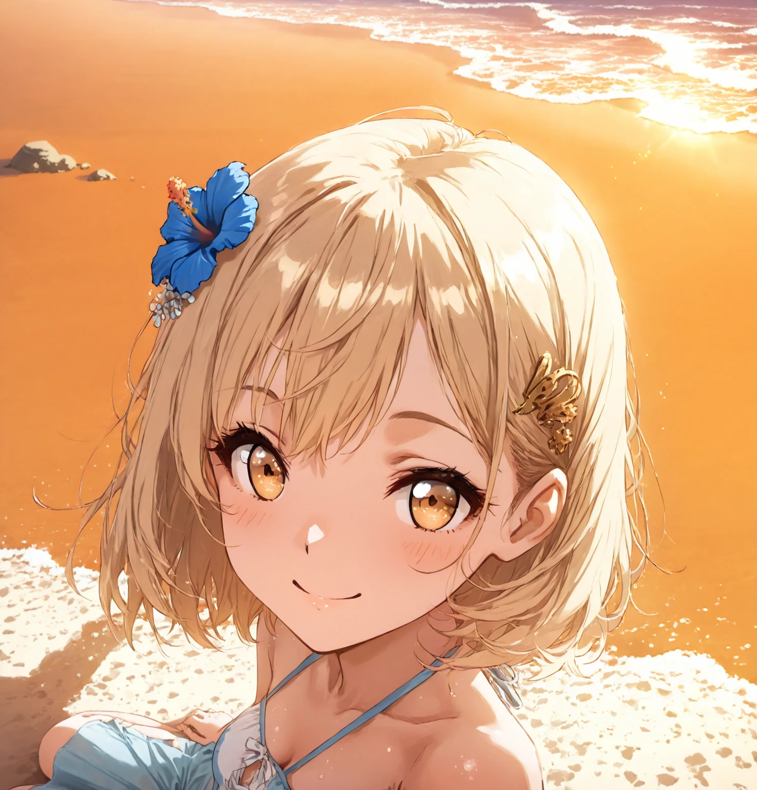 masterpiece, highest quality, look up, looking at the viewer, smile, short hair, blonde, red ribbon in hair, (yellow ruffle bikini:1.2), paleo, beach, extreme close up, super detailed fingers, Ultra detailed hands