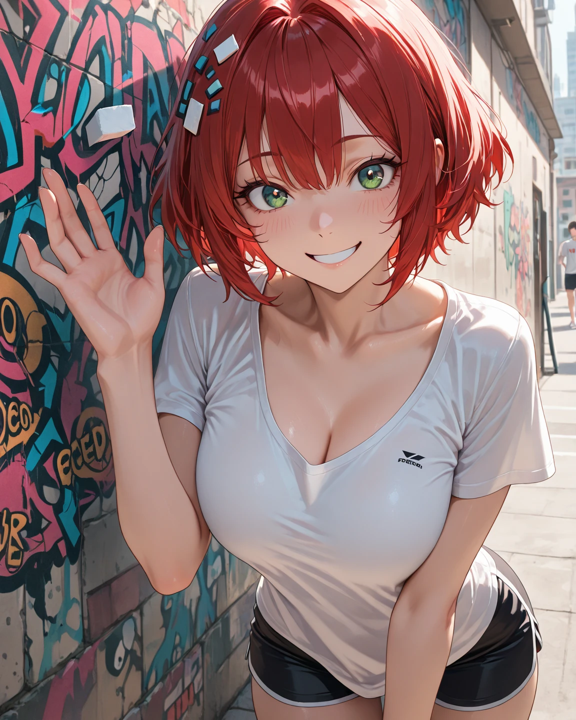 ( Screaming),Reaching the climax:1.3,One girl closing her eyes, short-cut、masutepiece、Bottoms are randomly generated、( Watermelon illustration printed shirt )、red hairs、GI Cut、Background bokeh:1.5