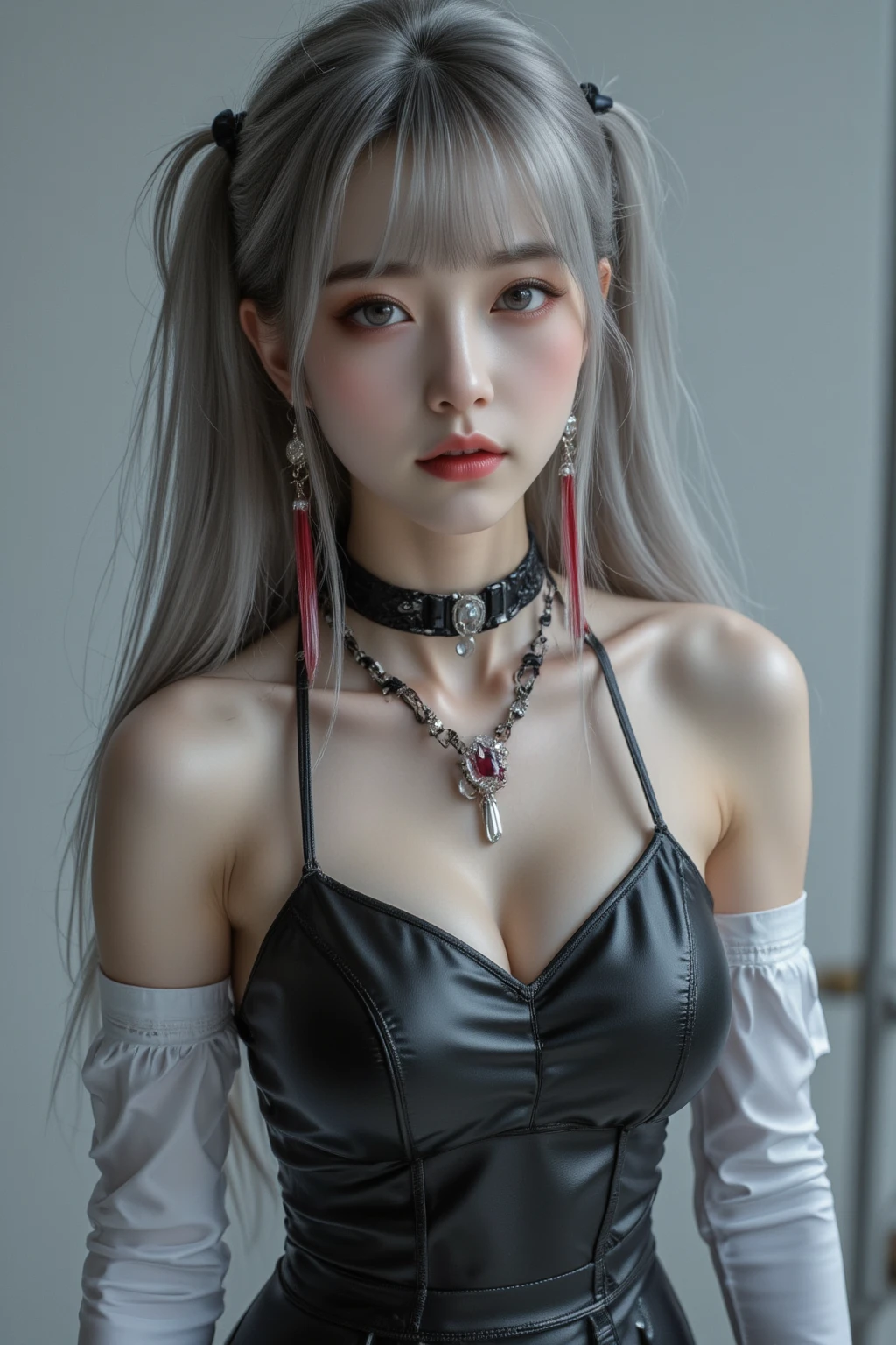 realistic, High resolution, 1 female, alone, hip up, show viewer, (detailed face), silver blue hair, long hair, medium breasts, crotch tattoo,tattoo all over the body，tongue stud，very sandals，erect nipples，thin waist
