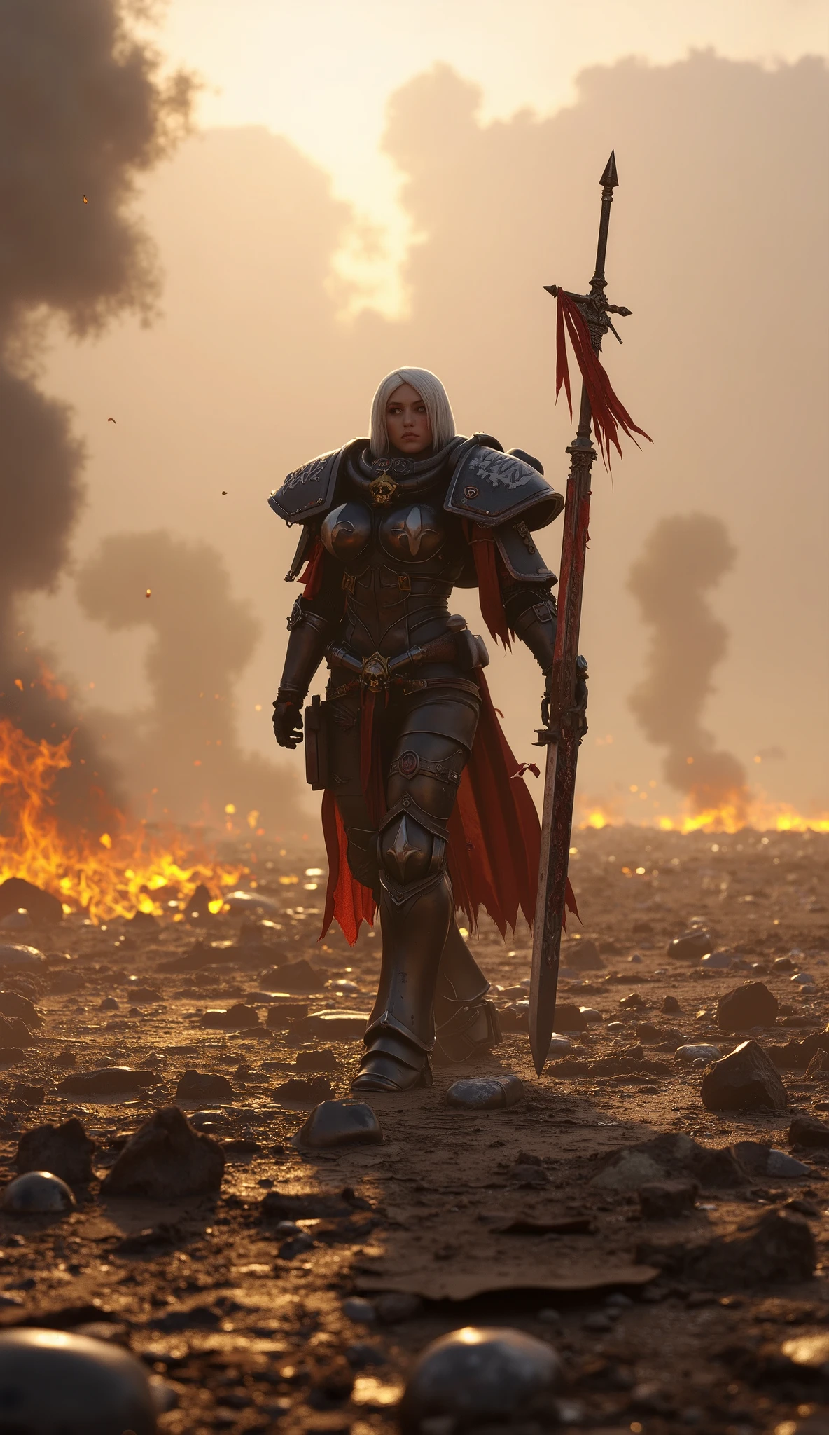 
[Scene Type & Quality]
(masterpiece, ultra-detailed, best quality, 8k, photorealistic, hyper-realism:1.3, cinematic lighting, volumetric light, HDR, grimdark, warhammer 40k aesthetic, cyberpunk gothic, fluxlisimo_drawio, 3D rendering)

[Main Subject & Description]
A towering, battle-scarred Sister of Battle stands in the heart of a desolate war-torn desert, framed by the dying light of an apocalyptic sundawn. She wields a colossal, ancient two-handed sword, its rusted blade etched with sacred High Gothic runes, emanating a faint, holy glow.

[Character Details & Clothing]
Her power armor bears deep battle scars and scorched insignias of the Ecclesiarchy. A tattered, translucent habit whips violently in the toxic wind, its spectral movement adding a ghostly mystique to her grim presence.

[Environment & Setting]
The ground is littered with half-buried war machines, shattered saint statues, and the skeletal remains of imperial banners. Orange embers and gray ash spiral through the air, illuminated by fractured beams of sunlight piercing the dust-heavy horizon.

[Lighting & Color Mood]
Soft, cinematic shadows carve her determined features; her eyes burn with unwavering, righteous fury. The color palette bleeds from molten orange to corpse-gray, painting a sky of dread and inevitability.
