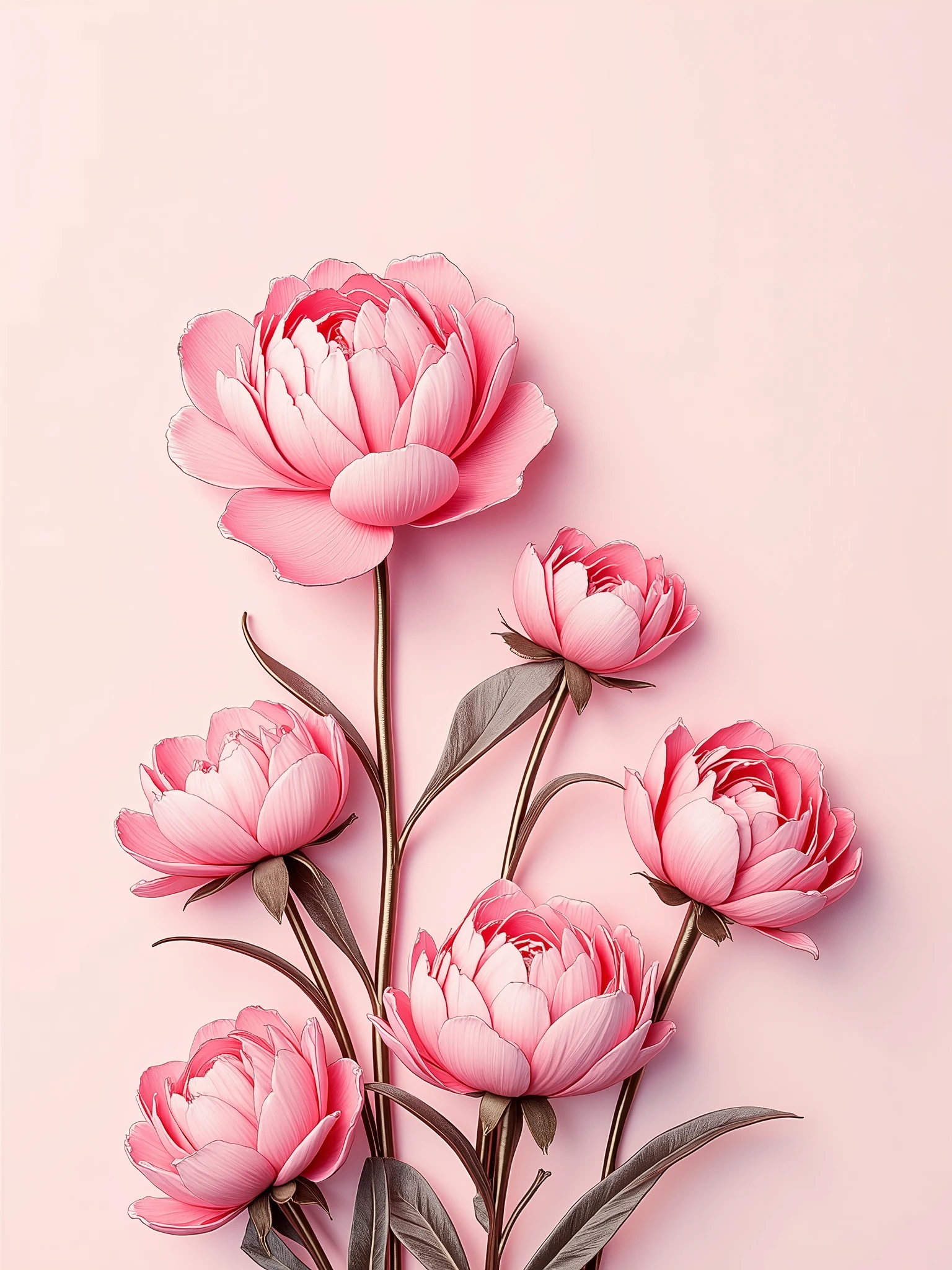 Tall peonies in soft blush pink with rose gold shimmer, pale pastel gradient background, sculptural oil paint texture --ar 3:4 --v 6 --style raw --quality 2