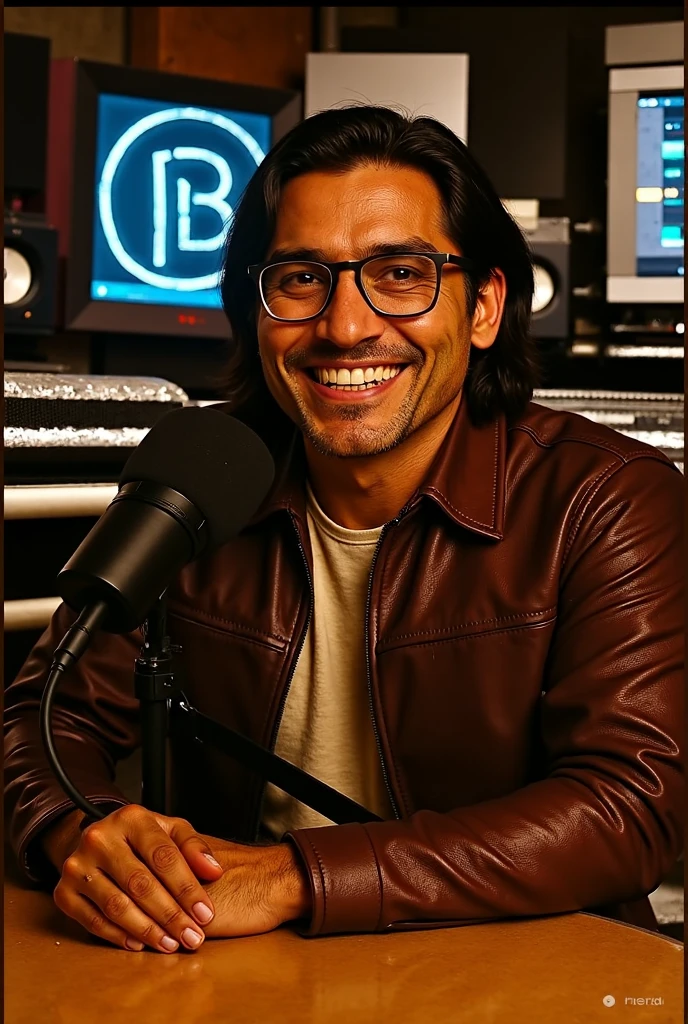 Create an image of a Mexican radio announcer, 35 year old man, chubby, funny, thesis morena clara, the scene is in a radio booth with a red jalapeño chili theme