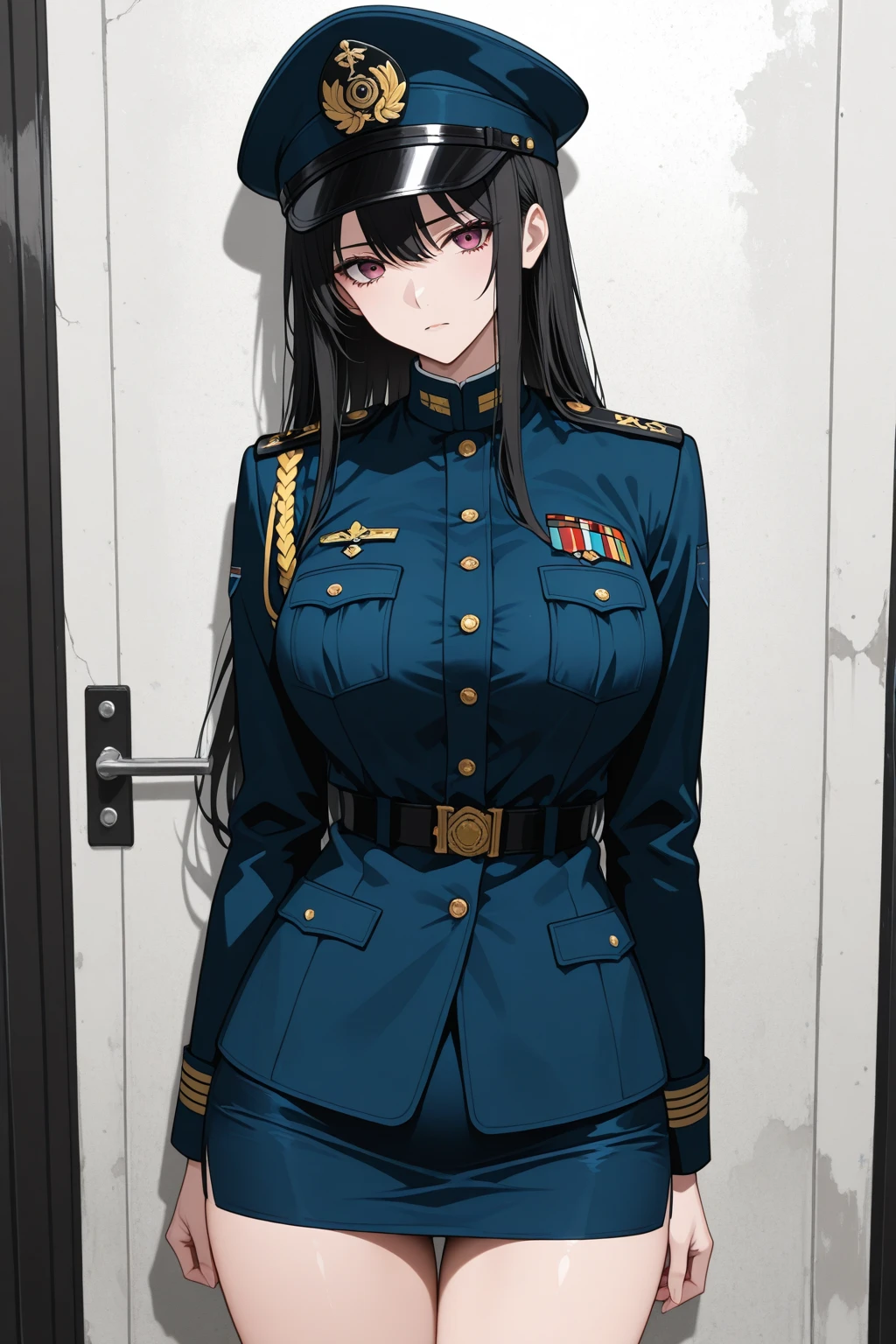 Dark blue Military Uniform, Black Hair, Breast, Military Cap