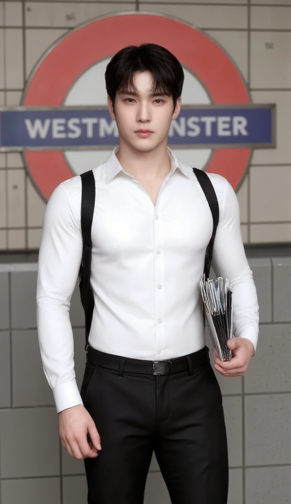 A portrait image shows a young Korean-Thai man standing in the WESTMINSTER London Underground station in London. 

The man is handsome and very muscular. He has fluffy K-pop hairstyles with fringes, known as phwamen. He wears a tight long-sleeve white shirt with a collar and six buttons, a black necktie, and black wool slim-fit pants. He holds some textbooks in one hand on his .

The backdrop behind him is the WESTMINSTER London Underground sign, featuring a bold red circle with a blue bar displaying 'WESTMINSTER' in white letters, mounted on a textured grey wall with a grid-like pattern of perforated panels. 