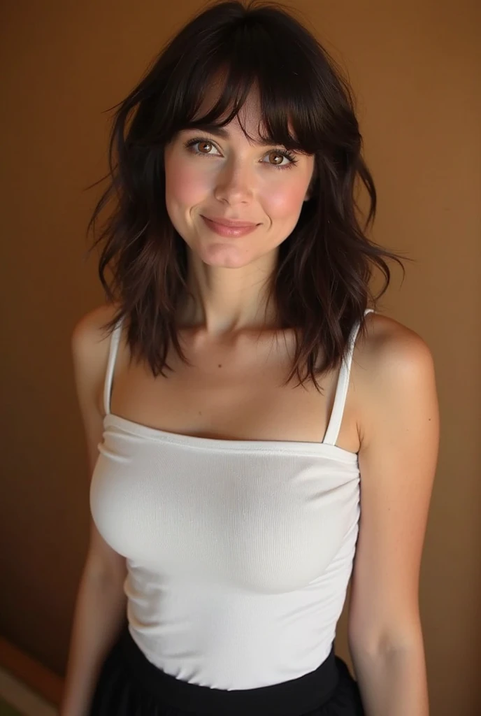 Kimbra in vintage clothing with cleavage and smiling