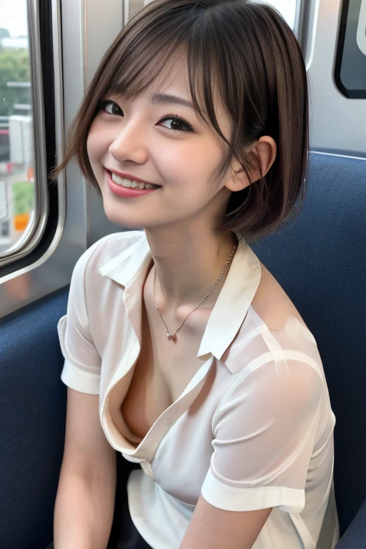 ((best quality, 8k, masterpiece: 1.3)), sharp focus: 1.2, beautiful woman with perfect body: 1.4, slim abdomen: 1.2, ((layered haircut, large: 1.2)), (no bra), wet body: 1.1, highly detailed face and skin texture, detailed eyes, double eyelids, school clothes, smile, baby face, innocent look, shirt buttons are all unbuttoned, The upper body wears only a pink silk bra, the background of the train,