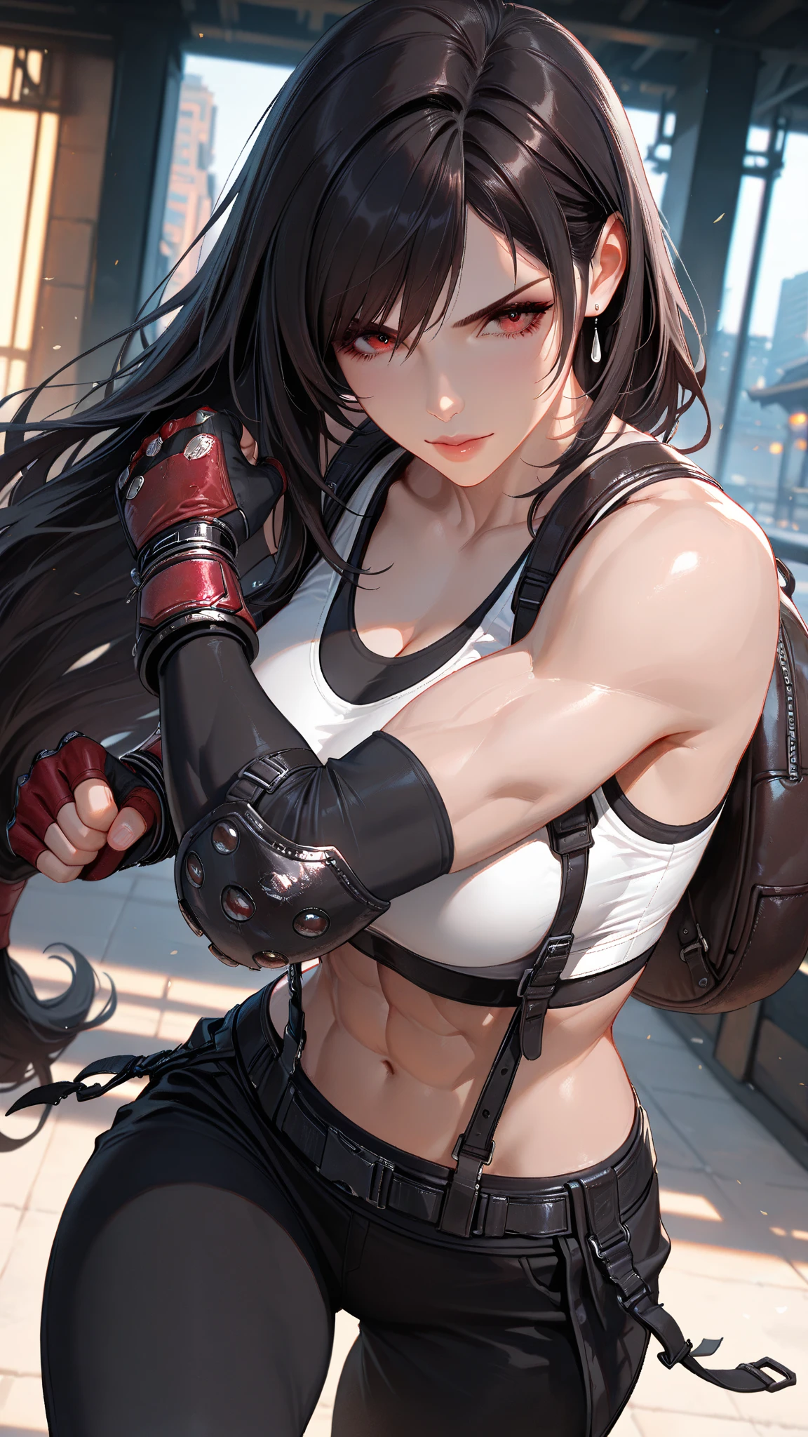1 girl, ((muscular)), spiky ponytail, toned body, black hair, red eyes, (mask), perky breasts, long hair, from behind, big ass, (tank top and leggings)