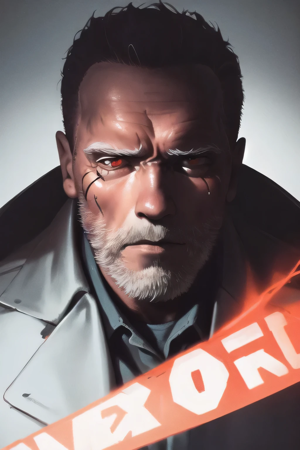 Damaged face,Please draw a more delicate expression,dark background，,can you draw a clear expression of a soldier in Terminator,50 years old，dark haired man,Half of his face is silver,can you draw a man with a metal skeleton whose eyeballs glow red,can you draw a man standing in front of a furnace