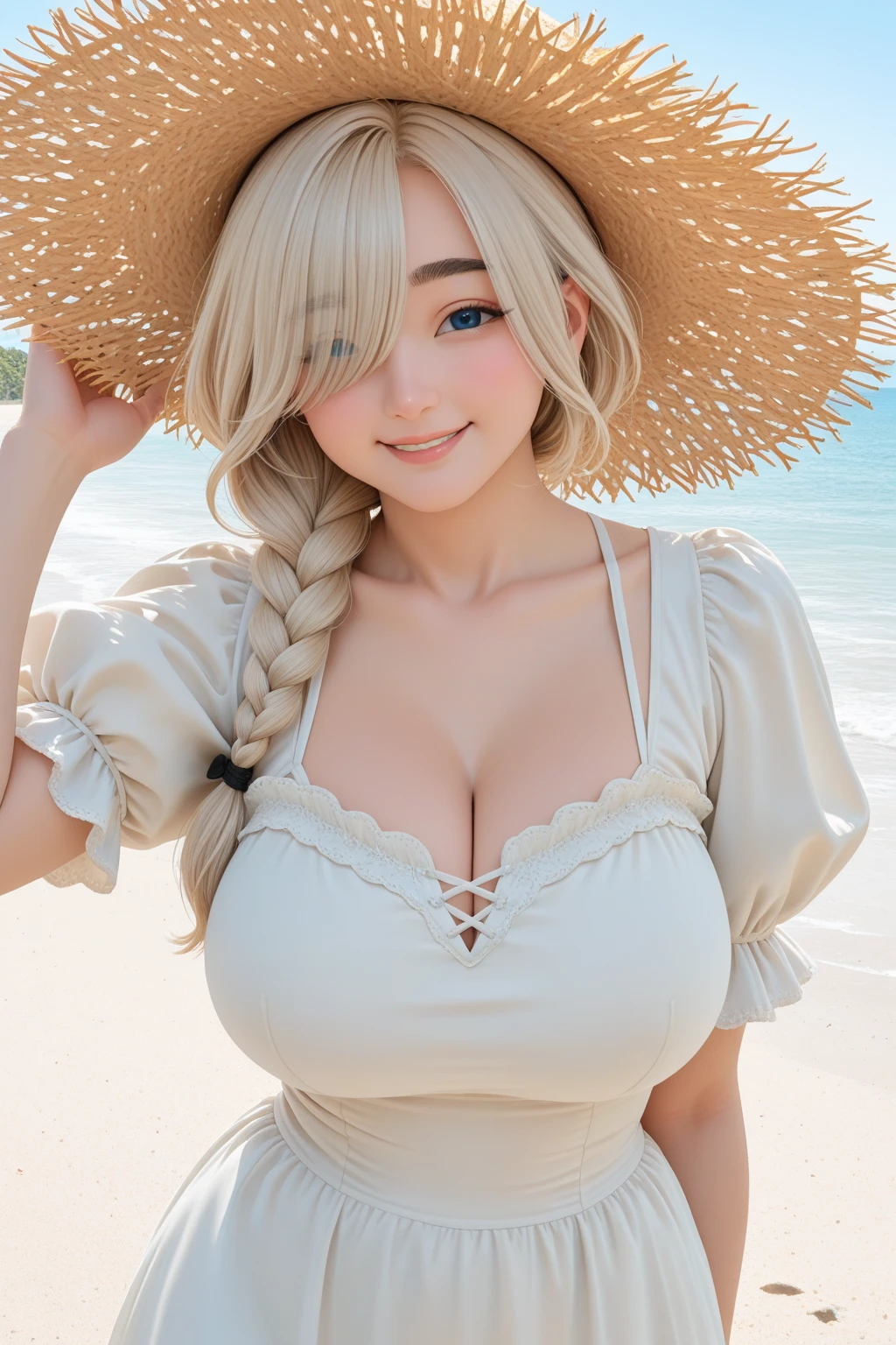 (ultra-detailed:1.2, masterpiece:1.2, best quality:1.2, highres:1.2), perfect lighting, 1girl, solo, <lora:NailKaiser:1>, Nailkaiser, dark-skinned female, dark skin, white hair, long hair, floating hair, (purple bikini), large breasts,  straw hat, green eyes, white lips, smile, earrings,  (view from top:1.3, focus on chest :1.3), looking away, beach,