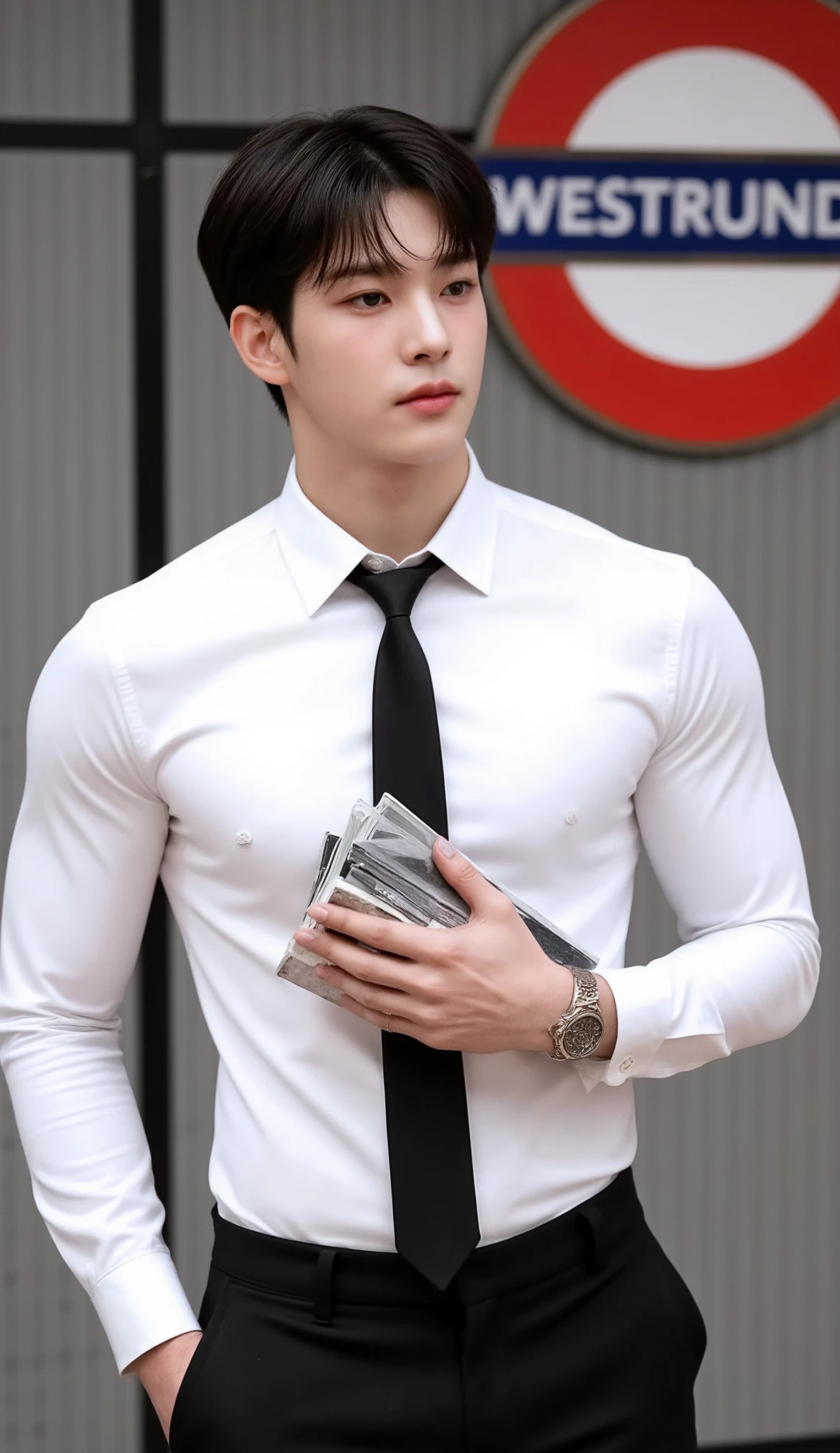 A portrait image shows a young Korean-Thai man standing in the WESTMINSTER London Underground station in London. 

The man is handsome and very muscular. He has fluffy K-pop hairstyles with fringes, known as phwamen. He wears a tight long-sleeve white shirt with a collar and six buttons, a black necktie, and black wool slim-fit pants. He holds some textbooks in one hand on his .

The backdrop behind him is the WESTMINSTER London Underground sign, featuring a bold red circle with a blue bar displaying 'WESTMINSTER' in white letters, mounted on a textured grey wall with a grid-like pattern of perforated panels. 
