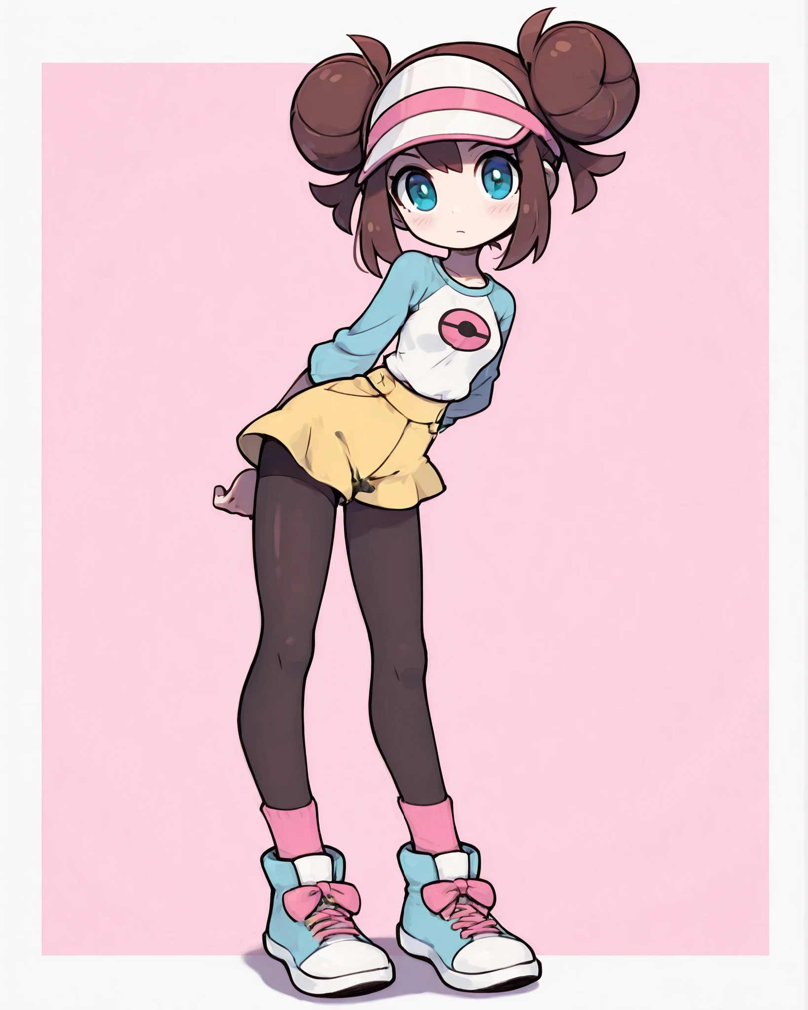 CartoonyIllustrious,1rosa1, brown hair, twintails, double bun, blue eyes,2default2, white shirt, raglan sleeves, pink bow, visor cap, yellow shorts, black pantyhose, pink socks, blue sneakers, seated on the floor with knees bent, one leg tucked and the other extended towards the viewer, toes flexed, soft sensual lighting, shojo-style illustration, pastel solid background.