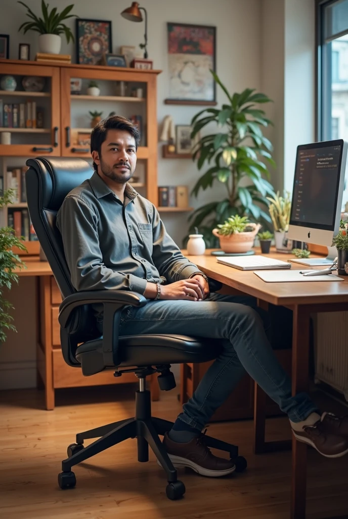 A guy with six arms working in a computer, office


