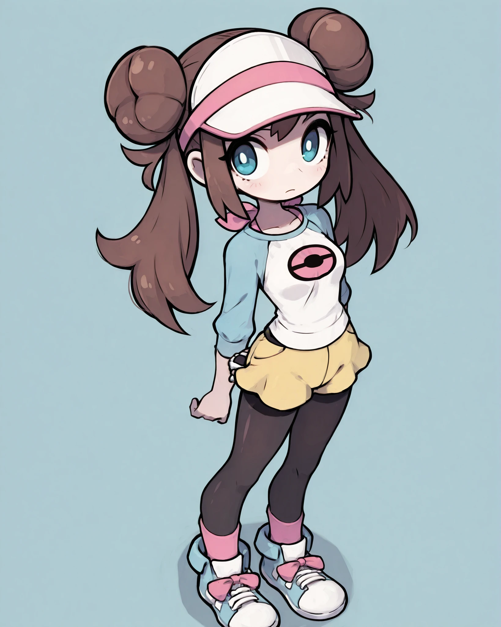 CartoonyIllustrious,1rosa1, brown hair, twintails, double bun, blue eyes,2default2, white shirt, raglan sleeves, pink bow, visor cap, yellow shorts, black pantyhose, pink socks, blue sneakers, High-angle shot from above, head slightly tilted upward toward the camera, arms relaxed by the sides, strong eye contact, flowing hair for movement, shojo-style with minimal clean background. solo character 