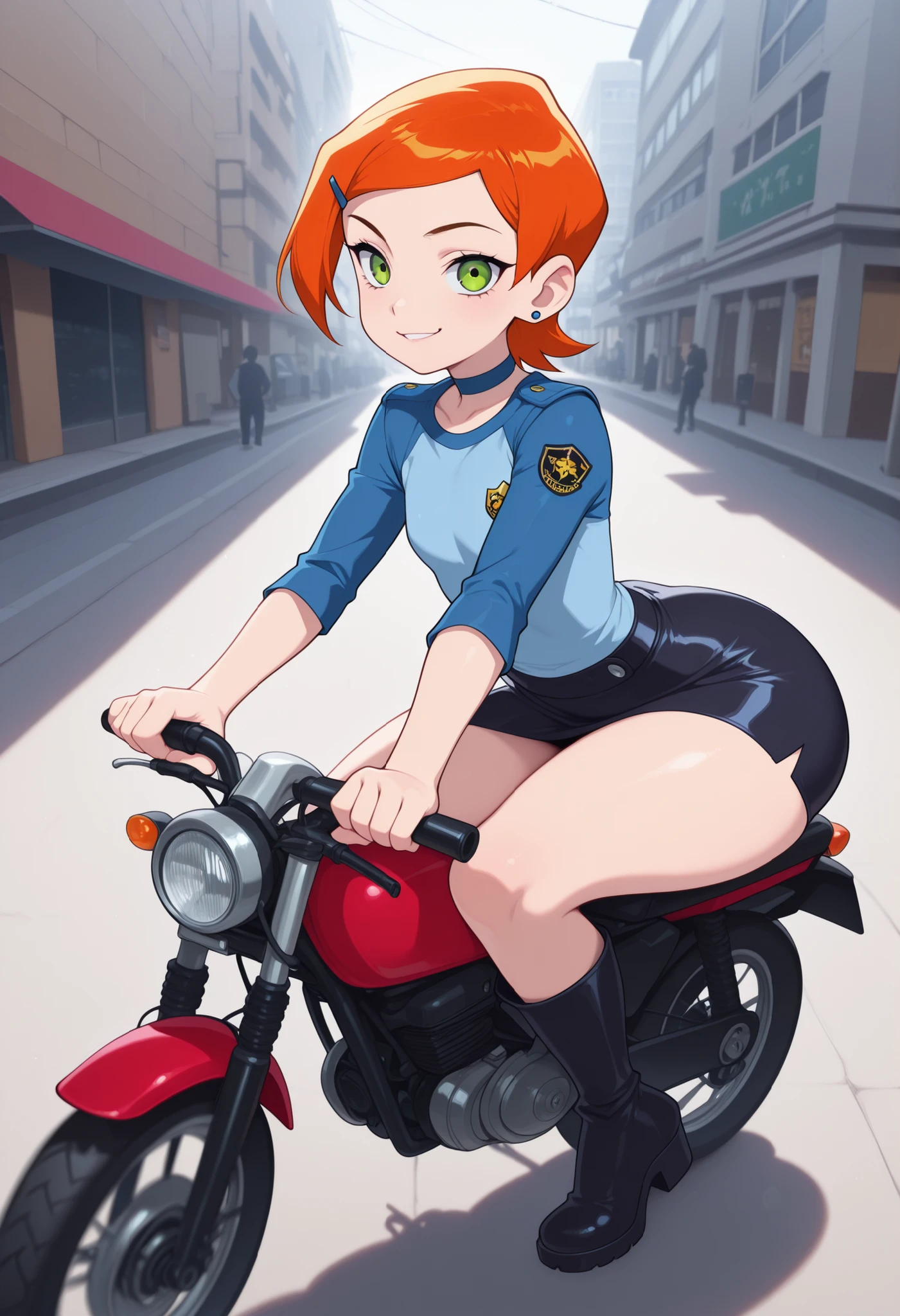 Gwen Tennyson . ginger . short hair . green eyes . flat breasts, flat chest, wide hips. gigantic ass, choker . | anime style, masterpiece, ultra-detailed, best quality, 1 lady, solo, tiny delivery, confident smile, looking at viewer, riding miniature motorcycle, courier uniform, ((short skirt)) with safety reflectors, protective knee-high boots, delivery box on back, perspective, dynamic riding pose, side view, cowboy shot, slight offset, enormous human shoes and feet in background, urban sidewalk from ground level, dramatic scale difference, afternoon sunlight, lens flare, motion blur effects, kickstand up