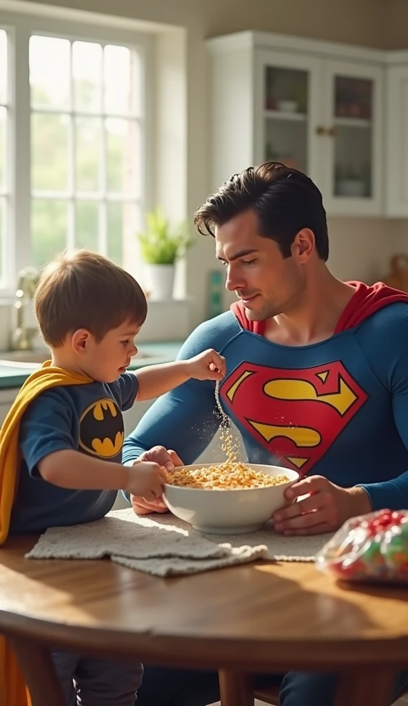 description: Make a boy hugging his father in the supermarket
Features: He's 4 years old
Scenario: Disney Drawing Type
Share: He's with his father on his lap, your father is dressed as a superhero
Quality: Pixar, 3D, Disney