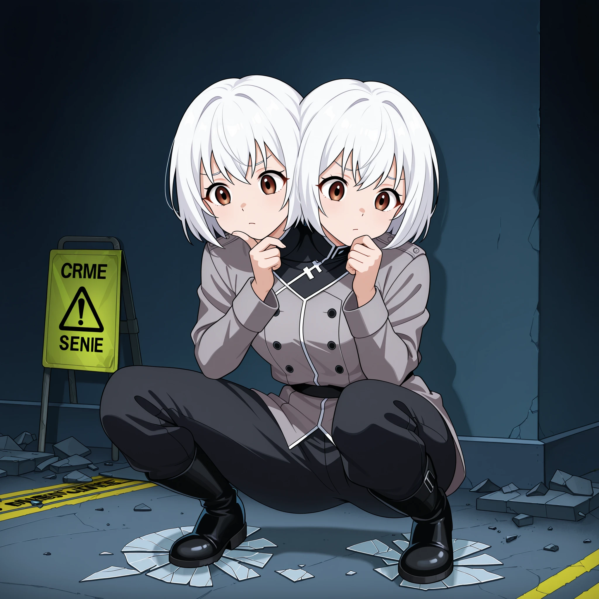 conjoined, anime girl with two heads, curious, investigative, thinking, white hair, brown eyes, gray jacket, black long pants, boots, squatting, broken glass on the ground, crime scene, urban streetside at night