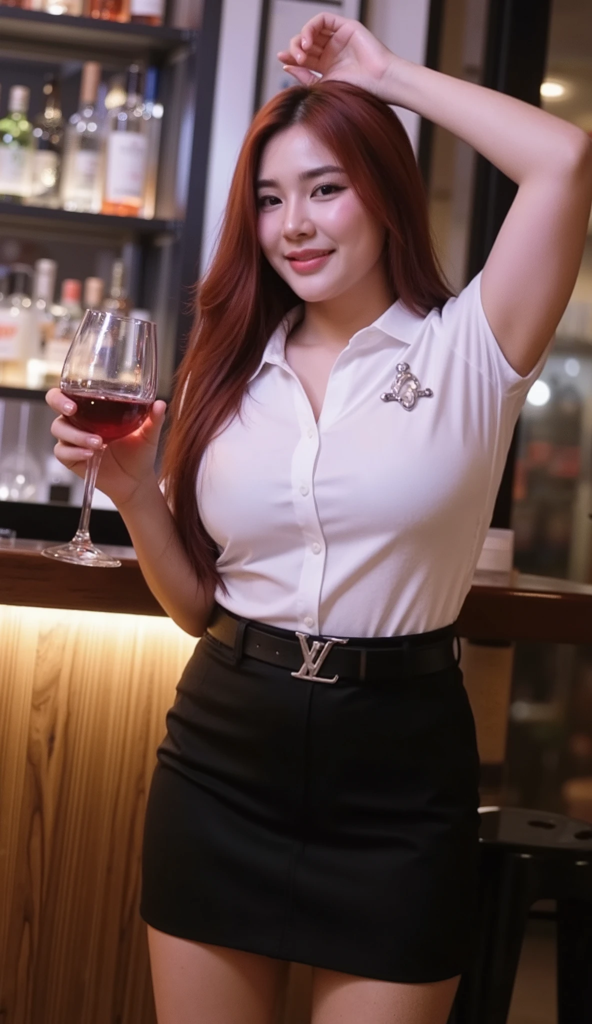 A portrait image shows a young Korean-Thai woman in a club at night.
She has a long fluffy haircut, showing off her narrow forehead. She has a voluptuous figure. She is chubby-sexy. She has a cherry red hair colour. She wears a Thai Mahalai uniform (a light-white short-sleeved collared shirt with silver buttons with the LV brooch, a black leather belt with a silver university buckle, and a short black pencil skirt) that highlights her curvy figure and ample bust. She is smiling in an alluring way.
She raises one arm above her head, sexily showing her armpit. She leans seductively over a polished wooden bar counter, holding a vibrant red wine in a tall martini glass, with a background of a well-stocked bar featuring shelves of colorful liquor bottles and soft ambient lighting.
