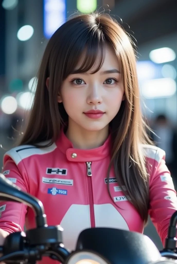 masterpiece, Highest quality, Realistic, Highly detailed CG integrates 8K, 8K,(Very beautiful face, Beautiful Lips, Beautiful Eyes), Exquisitely detailed face,1 Girl, Very beautiful girl,Exquisite eye makeup,Subtle eye detail,The best example of four fingers and one thumb,Toned figure,Nice and beautiful smile,明るいLong Hair,transparent, Quality hair,(masterpiece, Highest quality:1.2),alone,The eyes are exquisite and delicate,Brown Hair、Long Hair、Pink Lips,blue eyes,Big Breasts、Wavy Hair、(((Race Queen:1.5)))、Japanese