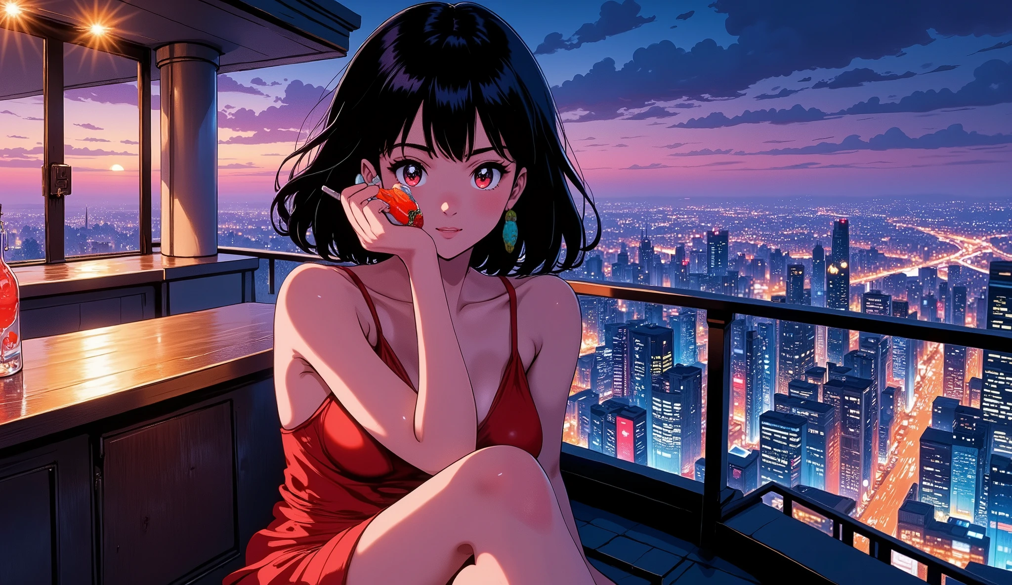 1980s Japanese anime style illustration, beautiful stylish anime woman in an elegant red dress sitting at a sophisticated rooftop bar at night, holding a Bloody Mary cocktail in her hand, large glass windows overlooking a neon-lit city skyline, soft breeze gently moving her hair, warm glowing ambient lights, pastel and neon color palette, cinematic composition, dreamy nostalgic City Pop atmosphere, hand-drawn texture with fine details