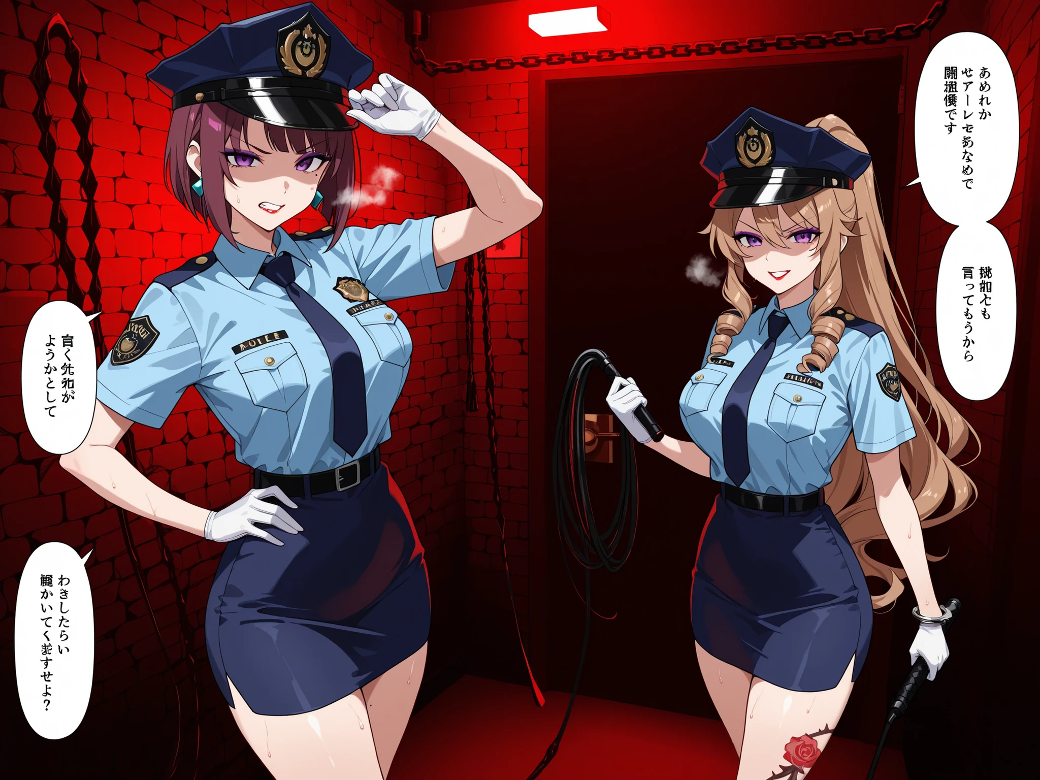 8k,  high resolution, masterpiece,Highest Quality, very detailed, policewoman uniform, navy blue miniskirt, police cap, badge, handcuffs, confident pose､enamel gloves, ,hand on own hip､ medium shot､Close to Viewers, [from_Down],  whipping, (whip:1.5), arm up The room has a door in the middle, and they swing a long purple whip in front of the door_tall,  wallに鞭がさげられている、In the midst of torture _chamber, Stone_wall, chain on wall, dark room､Dark Room, Rough Breathing,two women are shown、on a man's chest、2 girls、、Keen Eyes、indirect lighting on red lights、(Apply pressure(psychological pressure))+(shaded face(shady face)) , she is staring with an angry face、condescending expression、Red Lipstick、purple eyeshadow､Sadist-looking adult woman、earrings、necklace、There are comic bubbles　Comic speech bubble、Picture of frame split、Scorpion tattoo on thigh、clash、from the side、unaligned 、Shaking Breasts、clash、slashing、She stares with a hard eye、mole under eye、The whip is moving wildly、mole under eye、on person、2 girl､Red whip using a red whip、two women walking to the back room with the door in the center、the whip is wobbling in the air、short bob　、In the background is a pageway leading to an old prison room、、I have very long brown hair、the whip she uses is 30 centimeters high and has thorns spines on it Spike whip     .美しくKeen Eyesの女性　Do a bob cut for an insanely angry hairstyle ､sneer with raised eyebrow」、V-shaped eyebrows：v-shaped eyebrows､clenched teeth ､one eyebrow raised, eyebrow twitch､Rough Breathingの描き文字　Huh huh and drawing letters､hand on own hip､ringlets（Vertical roll）､3 women with very long ponytail hair side by side､looking at viewer､There is a woman with a short cut､In the midst of torture _chamber, Stone_wall, chain on wall, dark room､looking back over the shoulder The room has a hotel door､The two women are looking back in front of the door､looking back､2girl､Tattoos on beautiful buttocks ､Stick out your backwards､heart shaped pupils､eyes are hearts､ 部屋from出ようとする女性がいる､Walk Away､Player change､short bob､medium shot､部屋のwallに多数の鞭が飾ってある