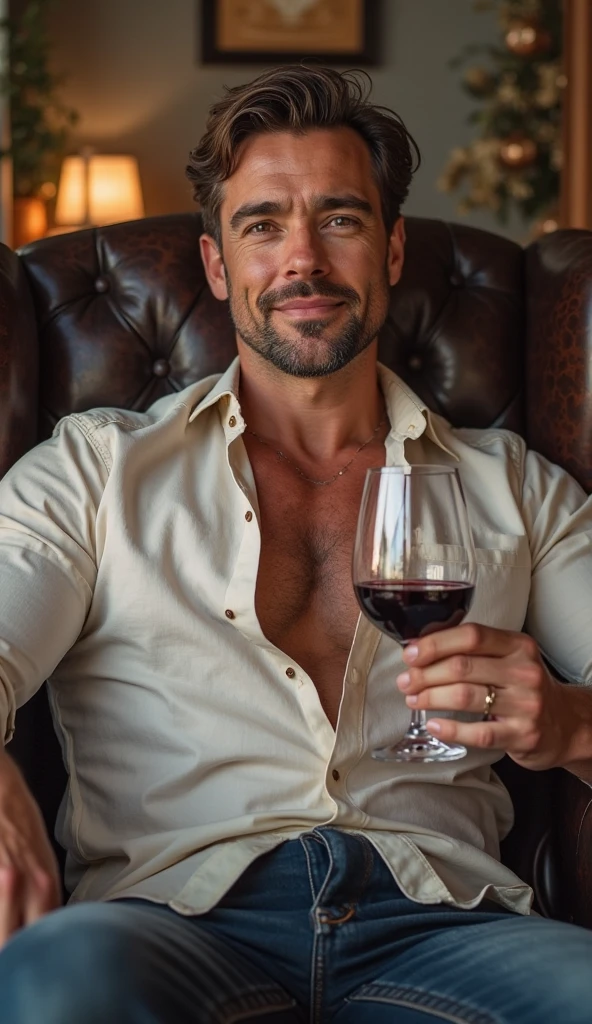 One handsome guy in underwear looking straight to the camera, holding a glass of wine and with a curious face