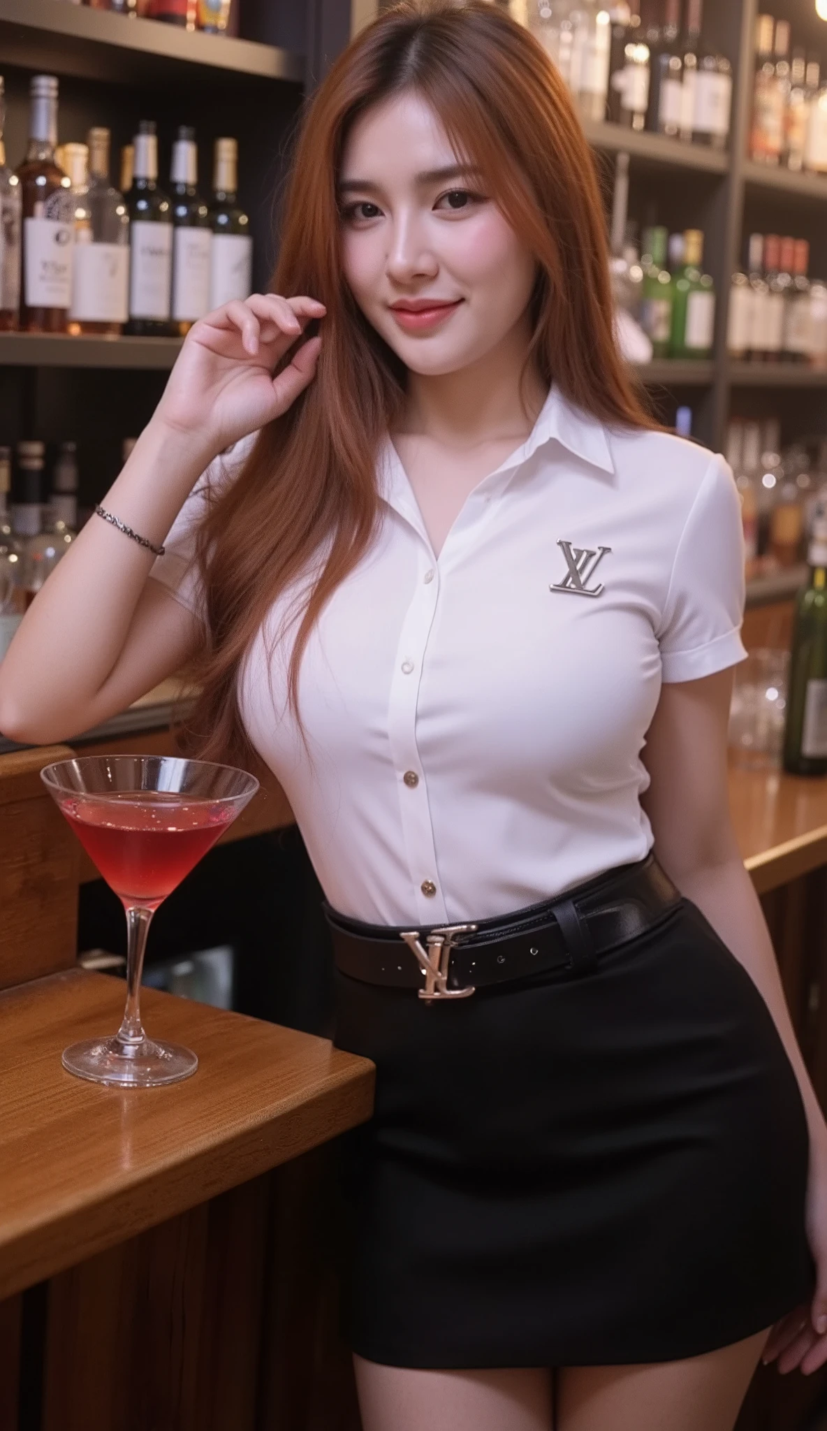 A portrait image shows a young Korean-Thai woman in a club at night.
She has a long fluffy haircut, showing off her narrow forehead. She has a voluptuous figure. She is chubby-sexy. She has a cherry red hair colour. She wears a Thai Mahalai uniform (a light-white short-sleeved collared shirt with silver buttons with the LV brooch, a black leather belt with a silver university buckle, and a short black pencil skirt) that highlights her curvy figure and ample bust. She is smiling in an alluring way.
She combs her hair with her hand. She leans seductively over a polished wooden bar counter, holding a vibrant red wine in a tall martini glass, with a background of a well-stocked bar featuring shelves of colorful liquor bottles and soft ambient lighting.